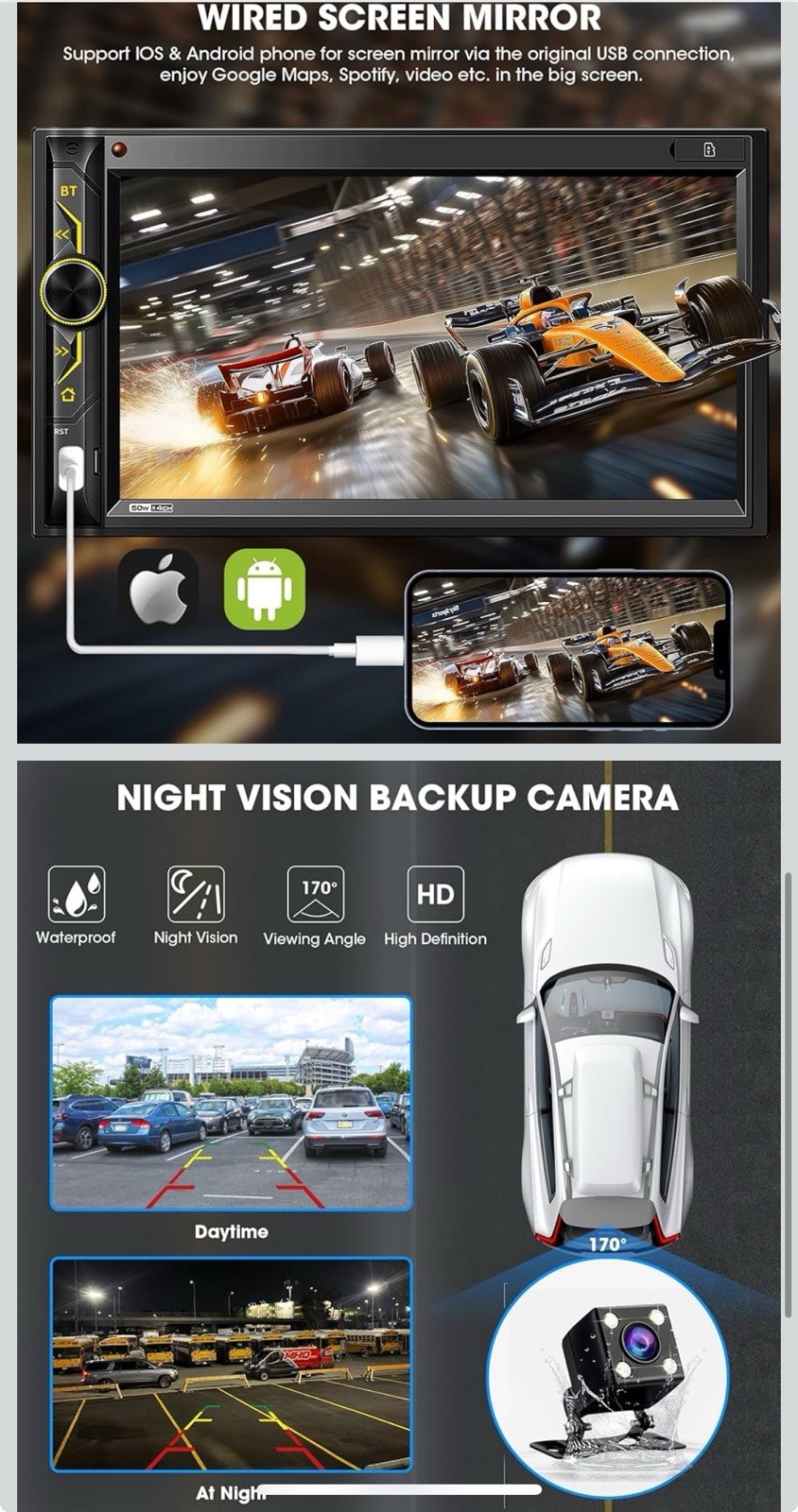 Double Din Car Stereo 7” Touchscreen CarPlay Android Auto Bluetooth Backup Cam