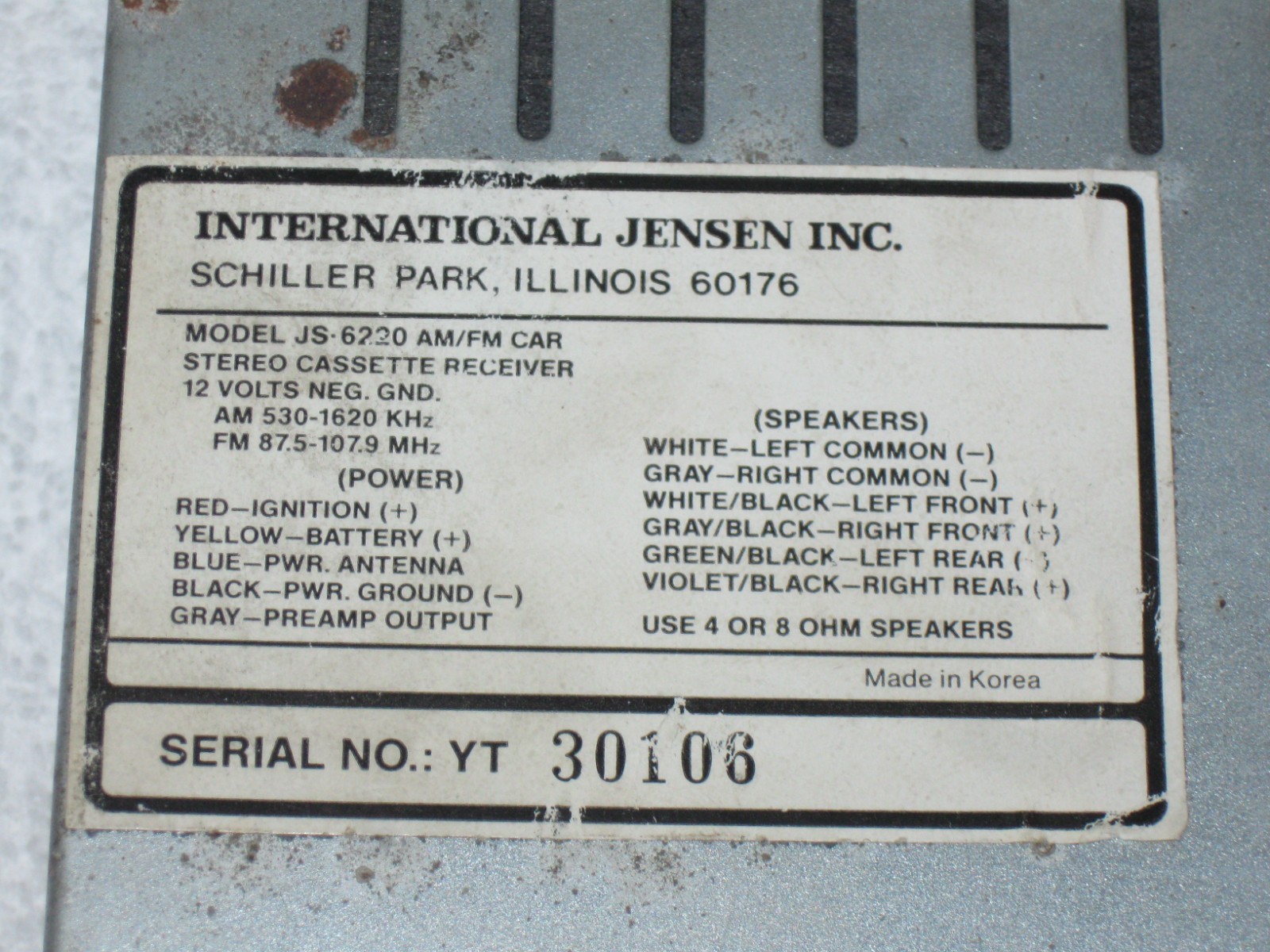 JENSEN ~ MODEL JS-6220 AM/FM CAR STEREO CASSETTE RECEIVER ~ UNTESTED ~ AS IS