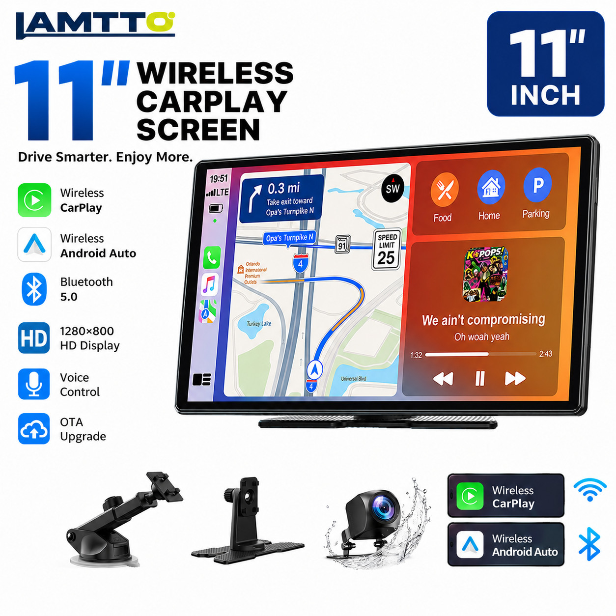 Portable 11 Inch Wireless Car Stereo For Apple Carplay & Android Auto Head Unit