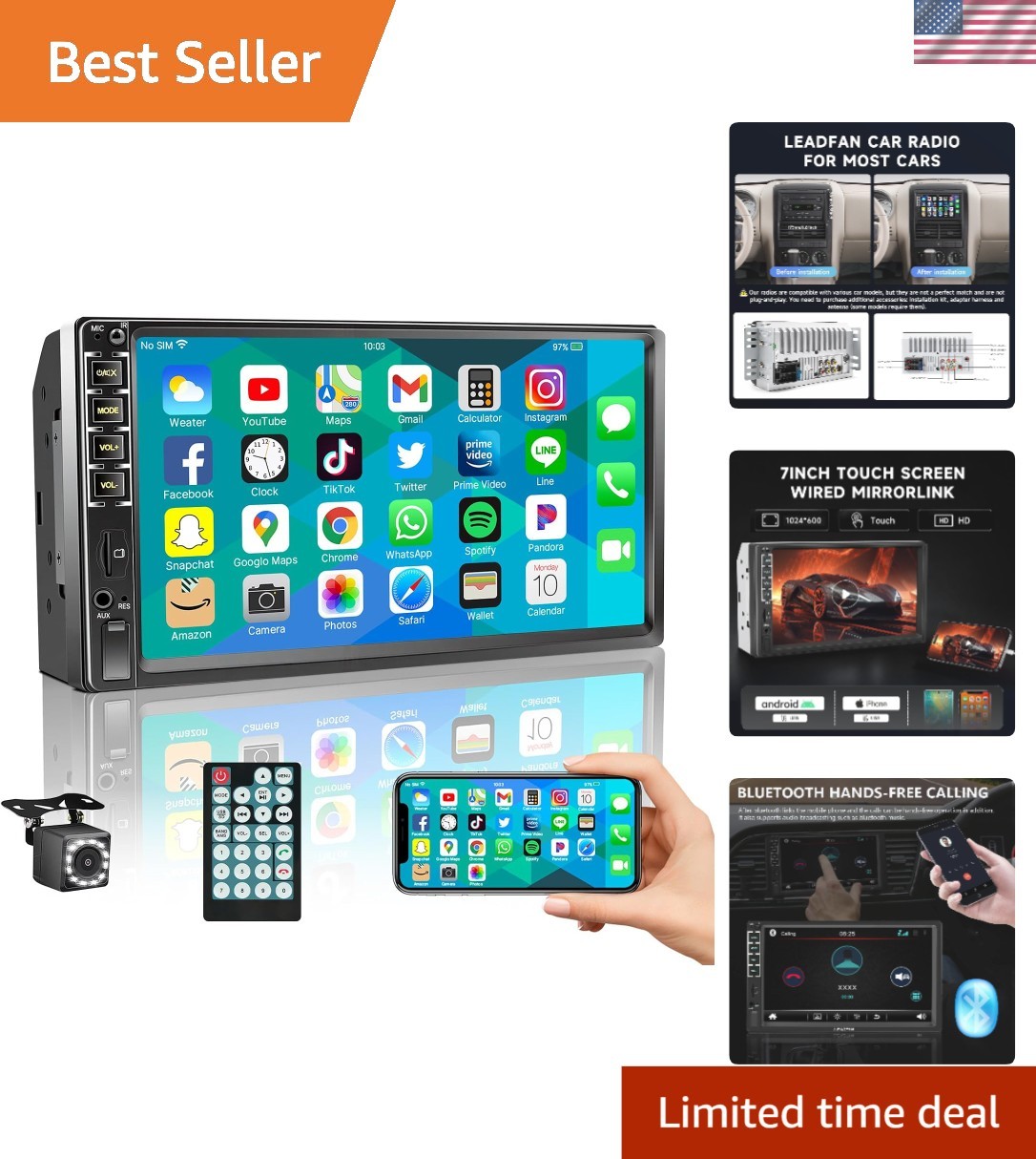 Bluetooth Double Din Touch Screen Car Stereo with USB/SD/AUX & Video Playback