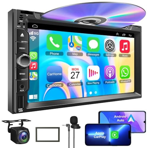 Double Din car Stereo with CD/DVD Player- CarPlay & Android Auto, Car Style-A