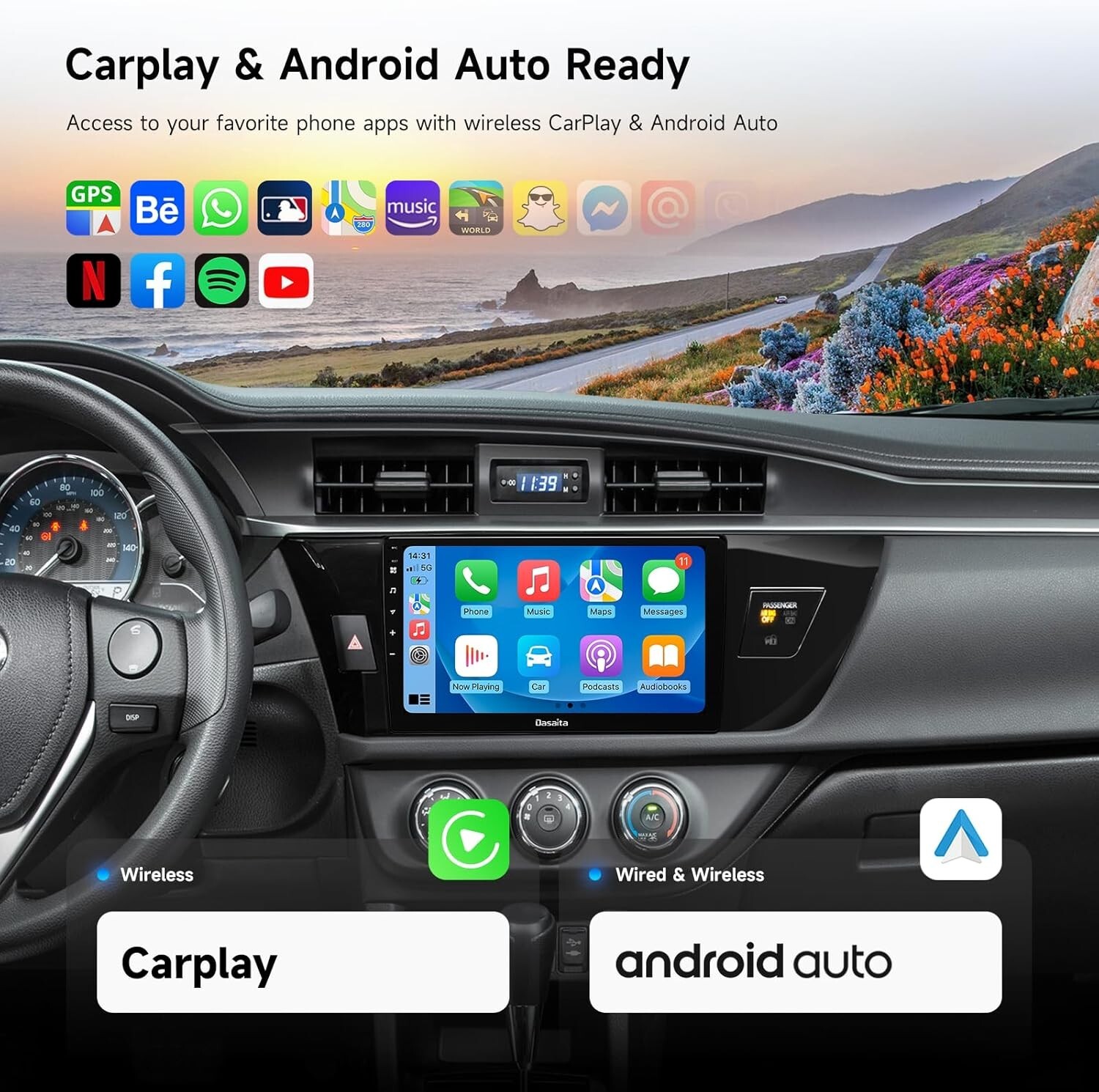 Dasaita Android 13 Car Stereo Carpaly Andriod Auto for Toyota Corolla 2014-16