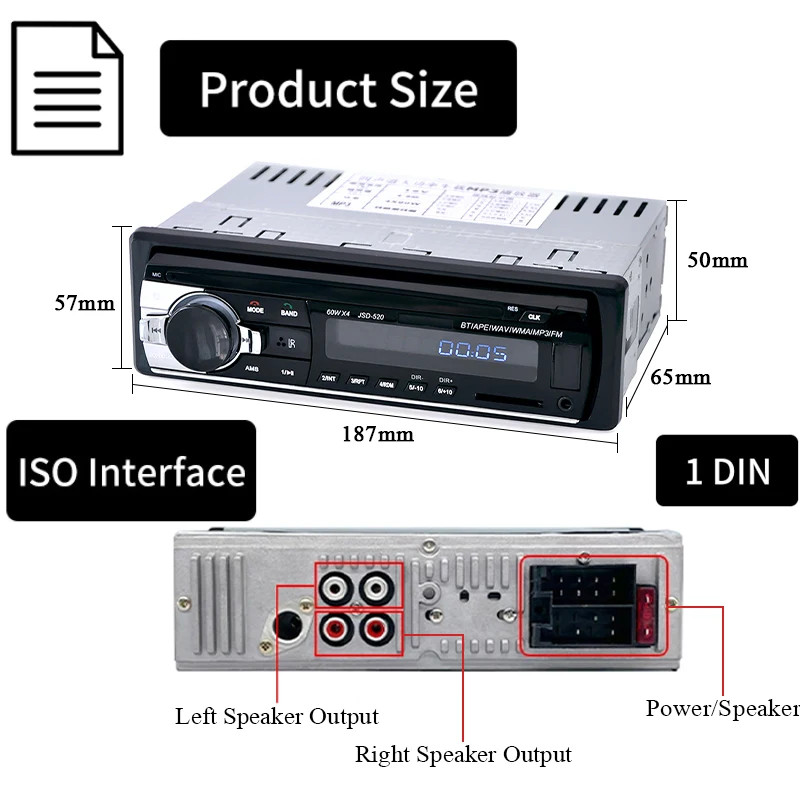 1 DIN Car Stereo Radio Bluetooth MP3 Player 60Wx4 USB SD AUX FM Receiver In-Dash