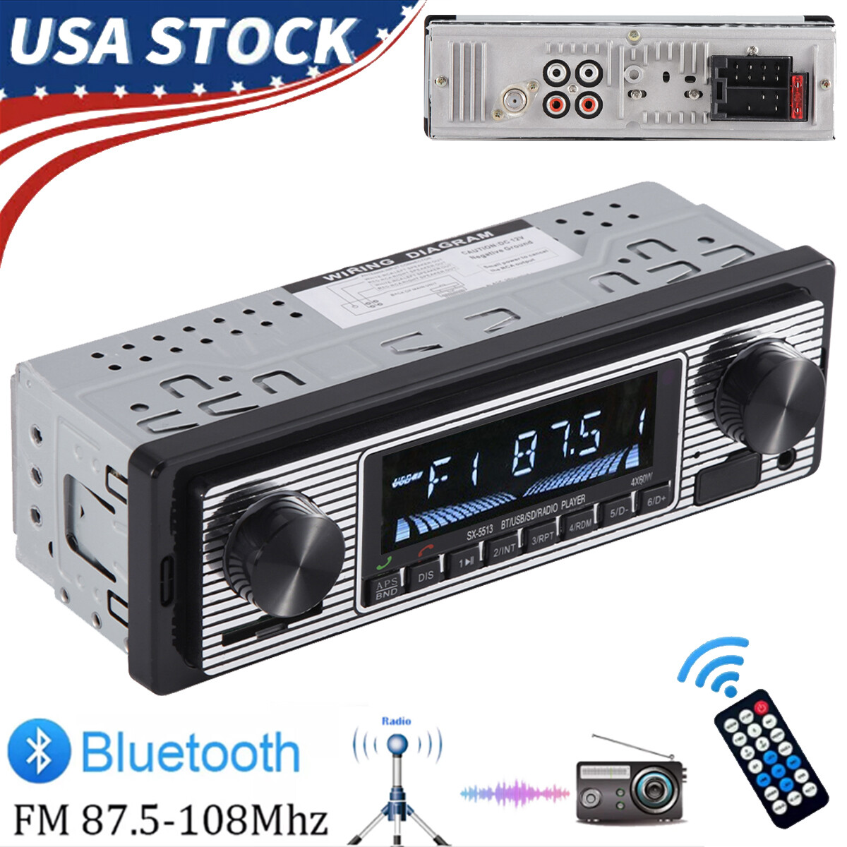 Bluetooth Vintage Car FM Radio MP3 Player USB Classic Stereo Audio Receiver AUX