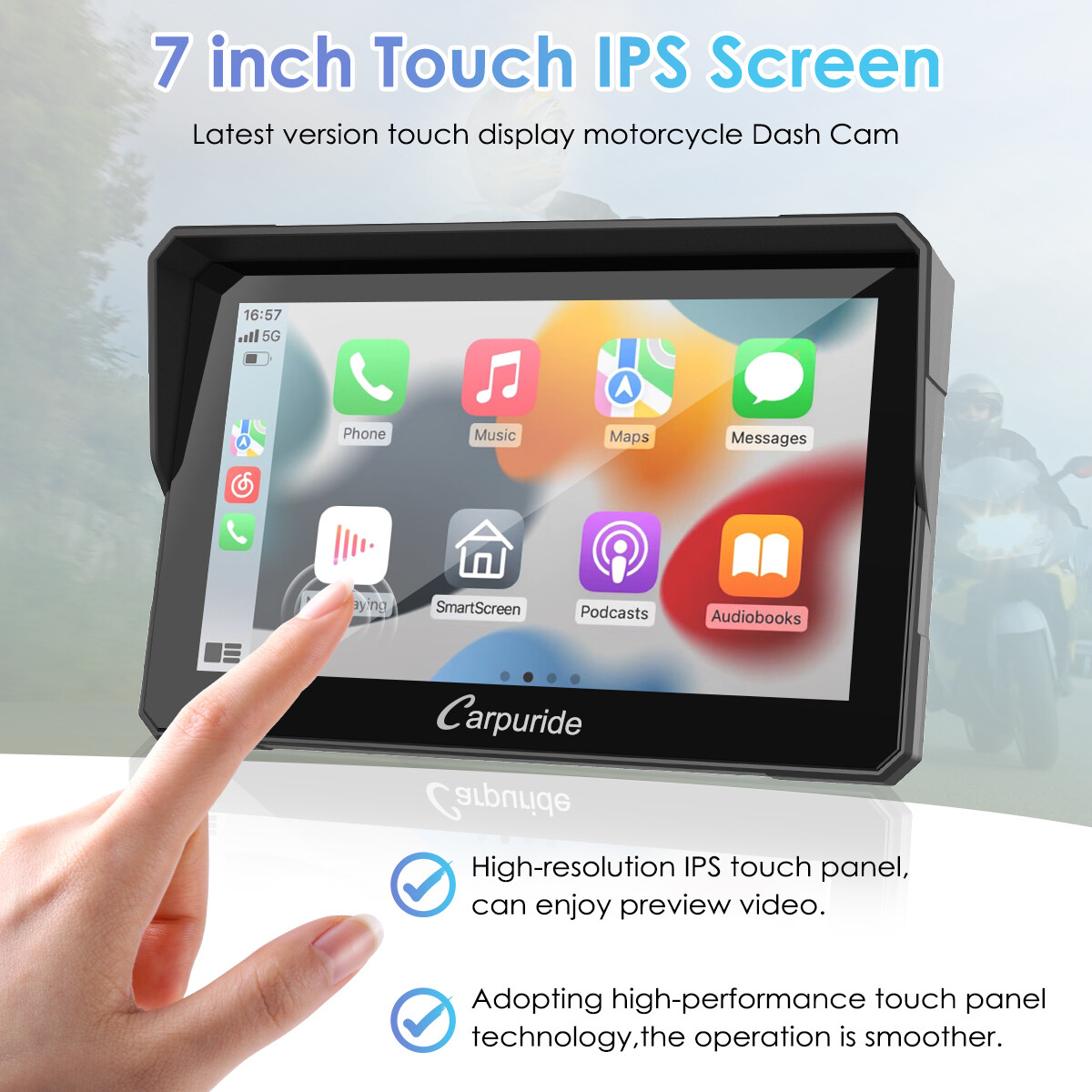 Carpuride 7Inch Motorcycle Stereo Bluetooth Wireless Apple CarPlay Android Auto