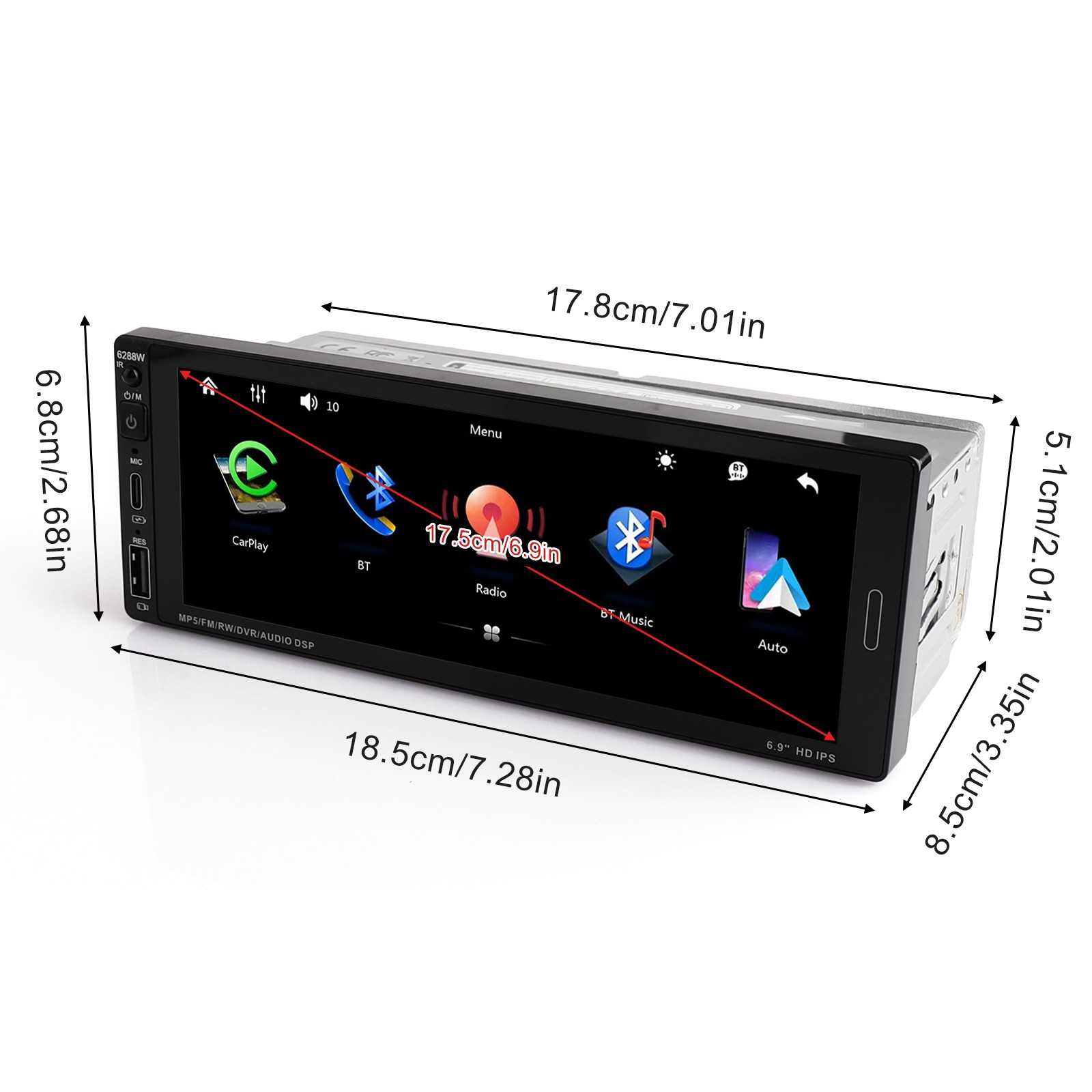 6.9″ Touch Single Din Car Radio Wireless CarPlay Bluetooth USB Multimedia Stereo