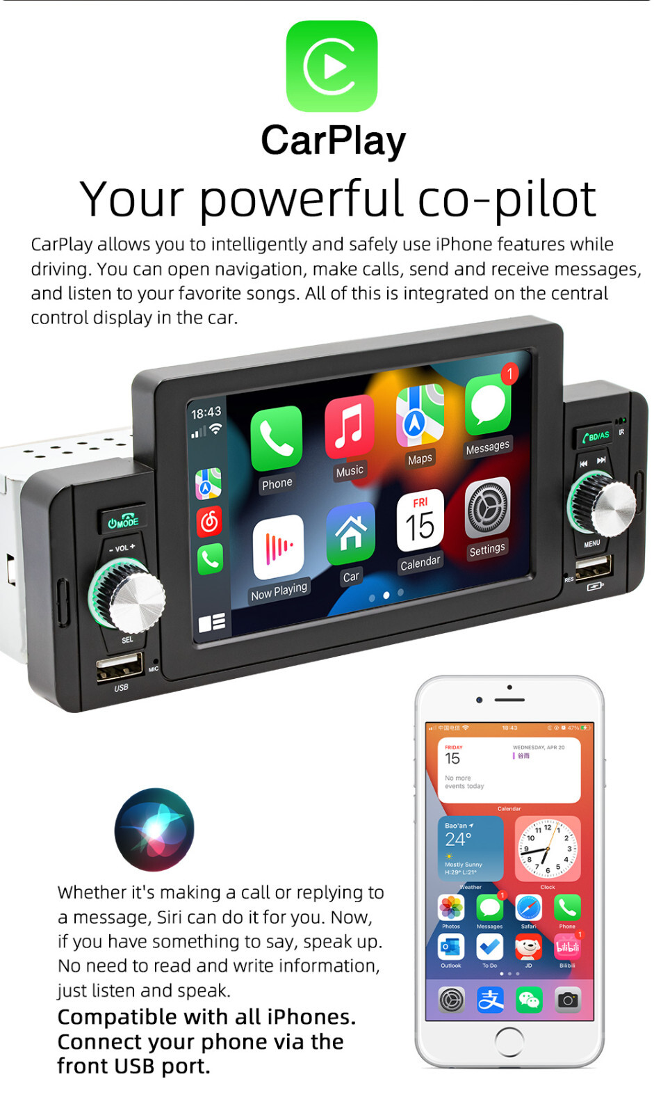 Car MP5 Player Single DIN Bluetooth FM USB Radio For Apple CarPlay Android Auto