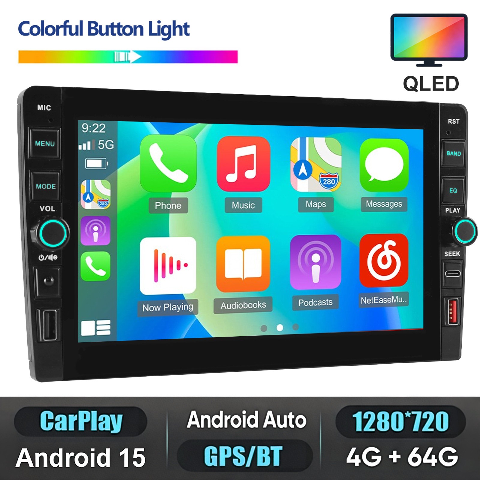 ESSGOO 9″ 2DIN Android 15.0 Car Stereo Bluetooth QLED Screen Radio 4+64G CarPlay