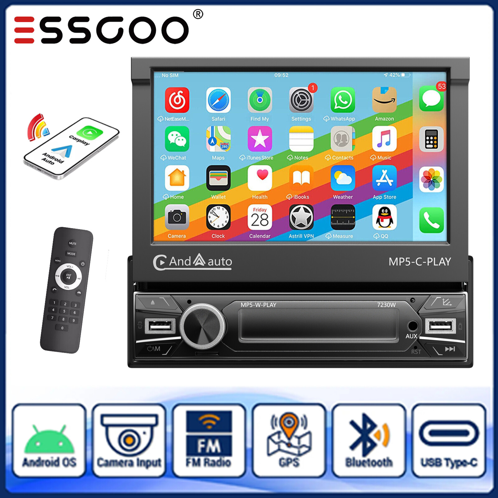 7″ Single 1 DIN Car Radio Stereo Carplay Touch Screen Flip out USB GPS NAV BT FM