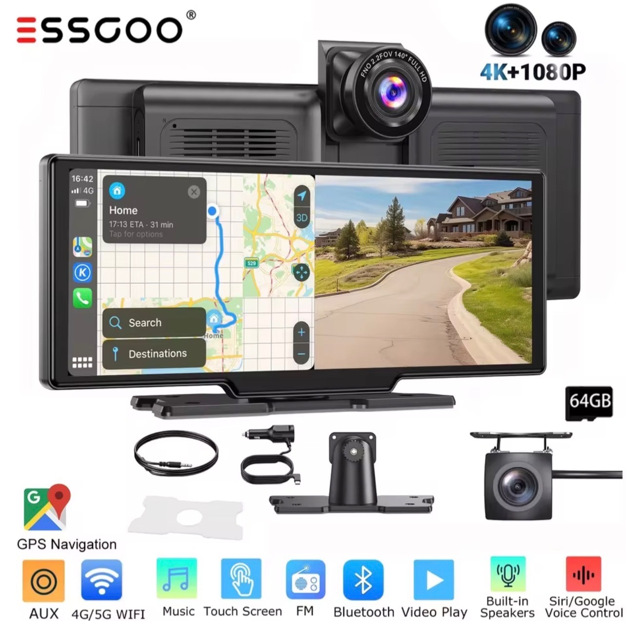 10.26″ 4K Car Portable Wireless Apple CarPlay Android Auto Large Screen Dash Cam