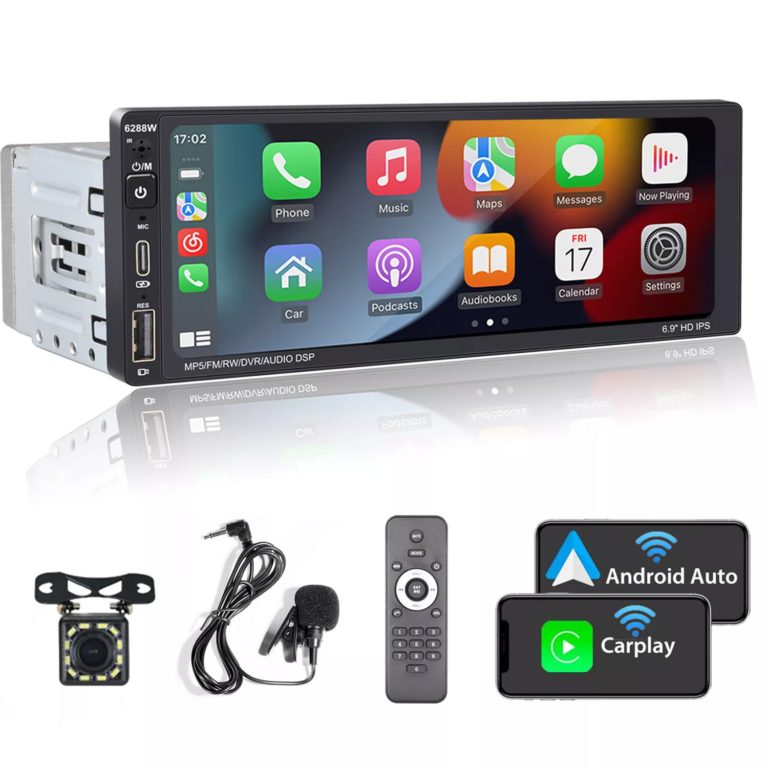 Single Din 6.9″Touch Screen Stereo Bluetooth Radio Car Apple/Android Carplay GPS