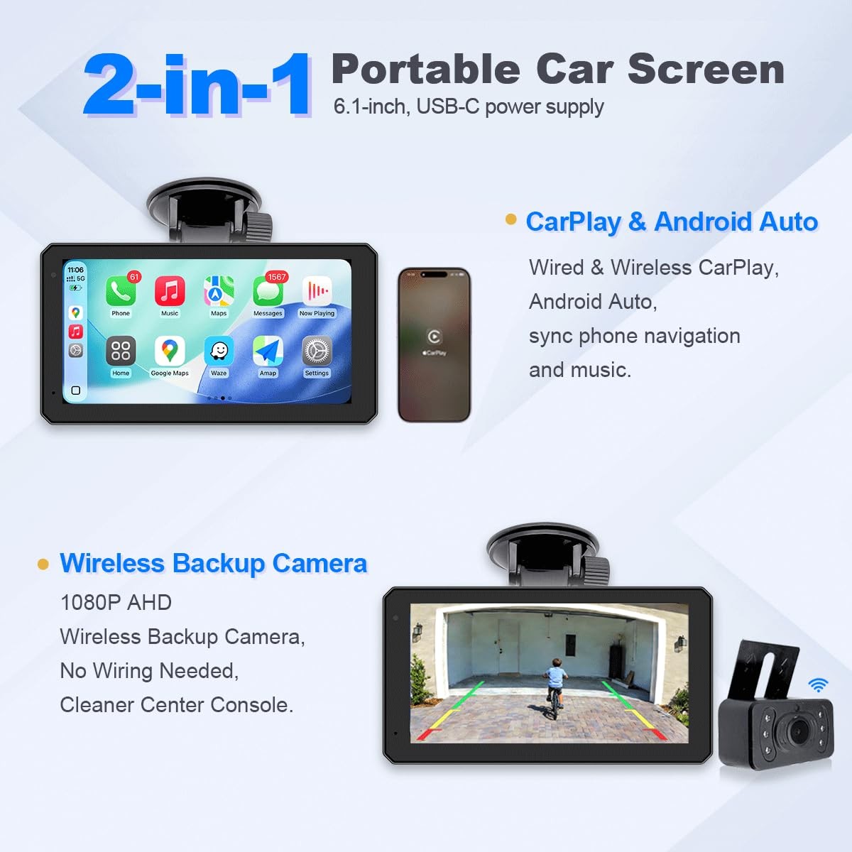 6.1 Inch Portable Car Screen, Wireless CarPlay & Android Auto, 1080P HD