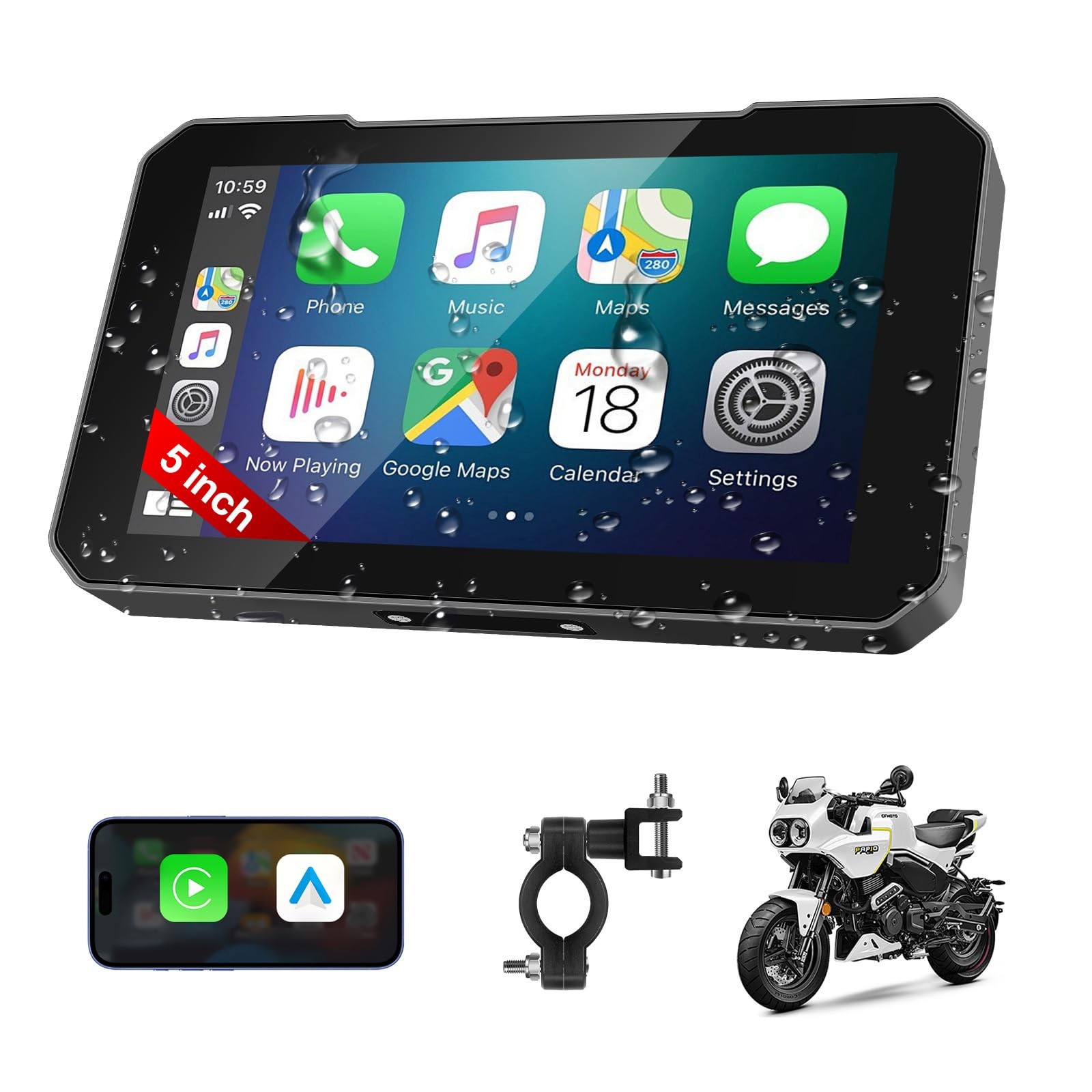 Motorcycle CarPlay Screen with Wireless CarPlay Android Auto, 5 Inch Waterpro…