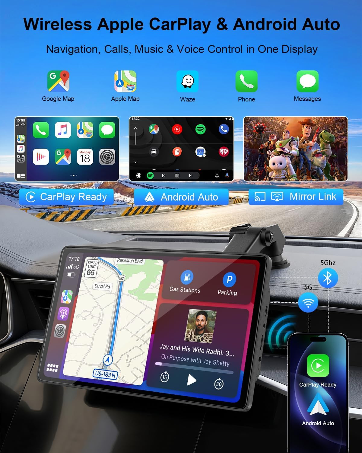 Carplay Screen for Car, 9″ Wireless Apple Carplay & Android Auto with 1080P Back