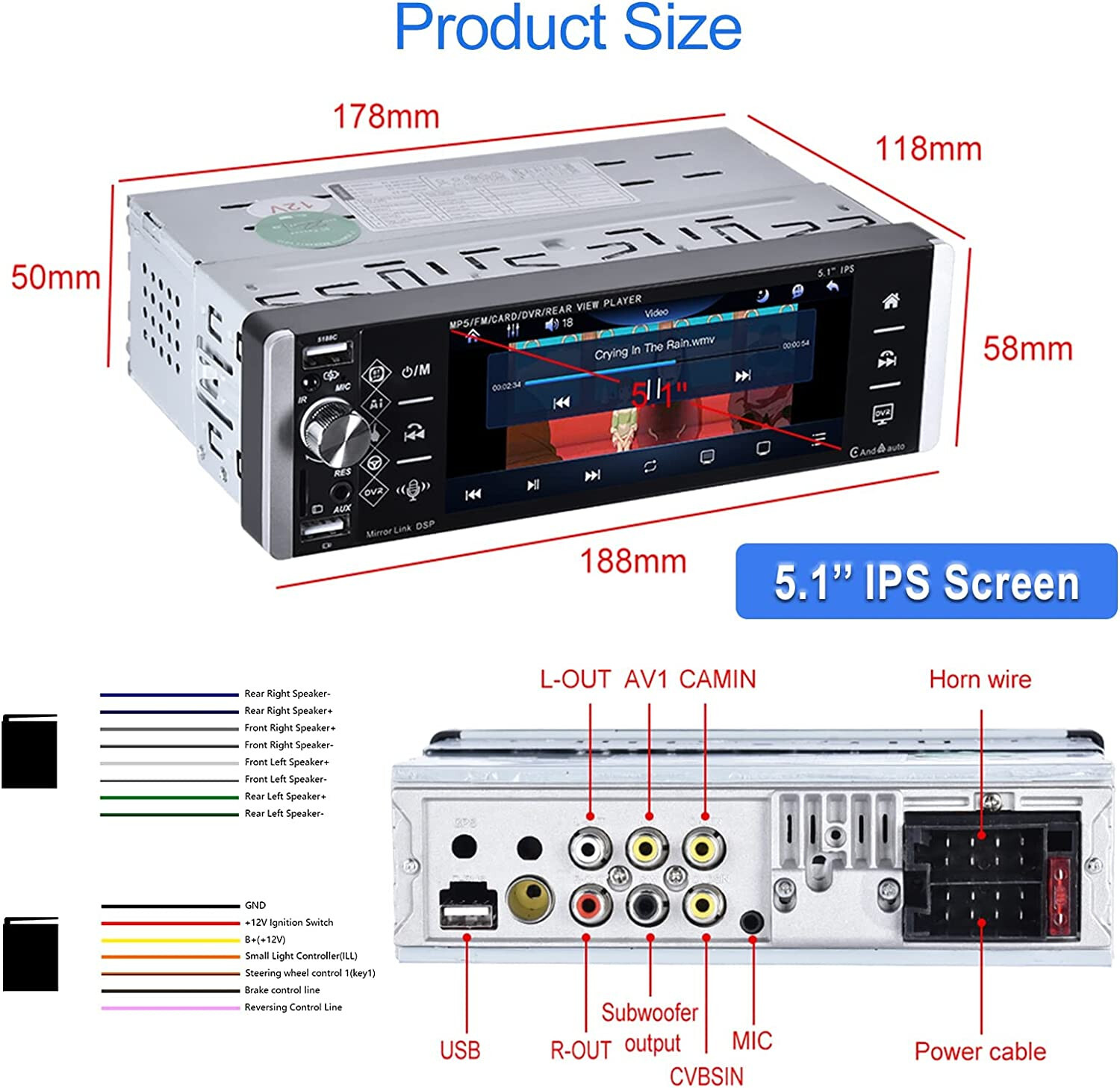 Single Din Car Stereo with Carplay Android Auto 5.1″ IPS Bluetooth Touch Screen