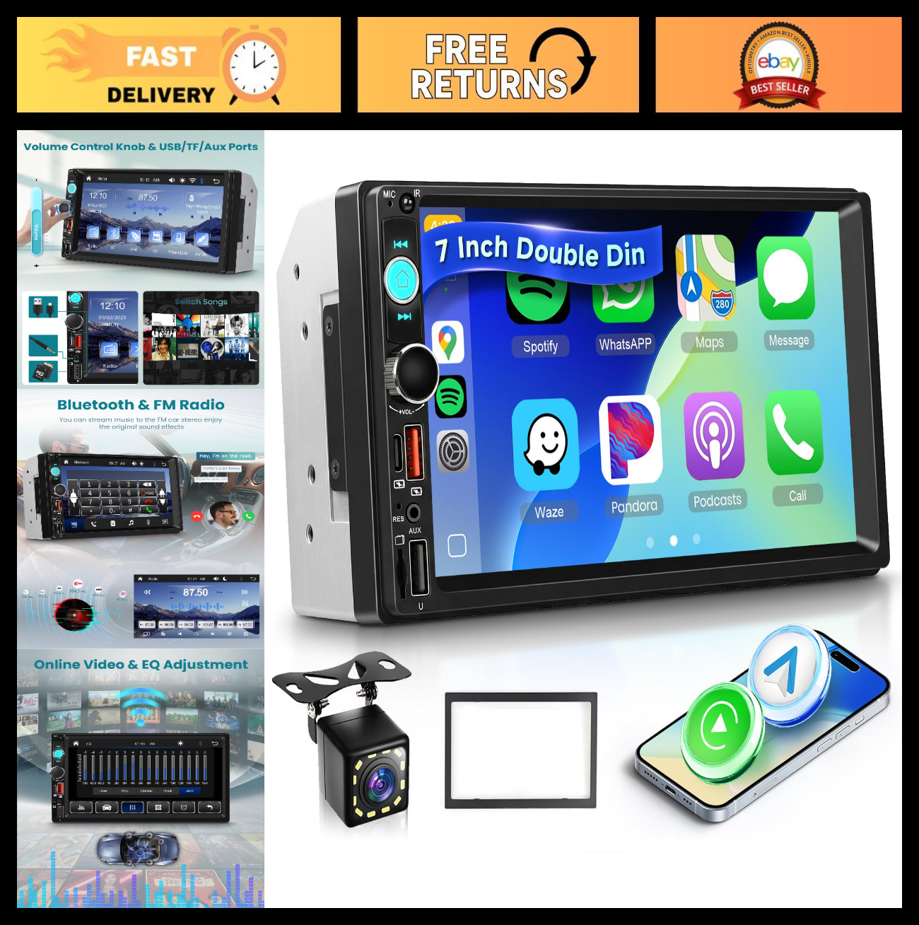 7″ Double Din Car Stereo, Wireless CarPlay/Android Auto, Bluetooth 5.2, FM Radio