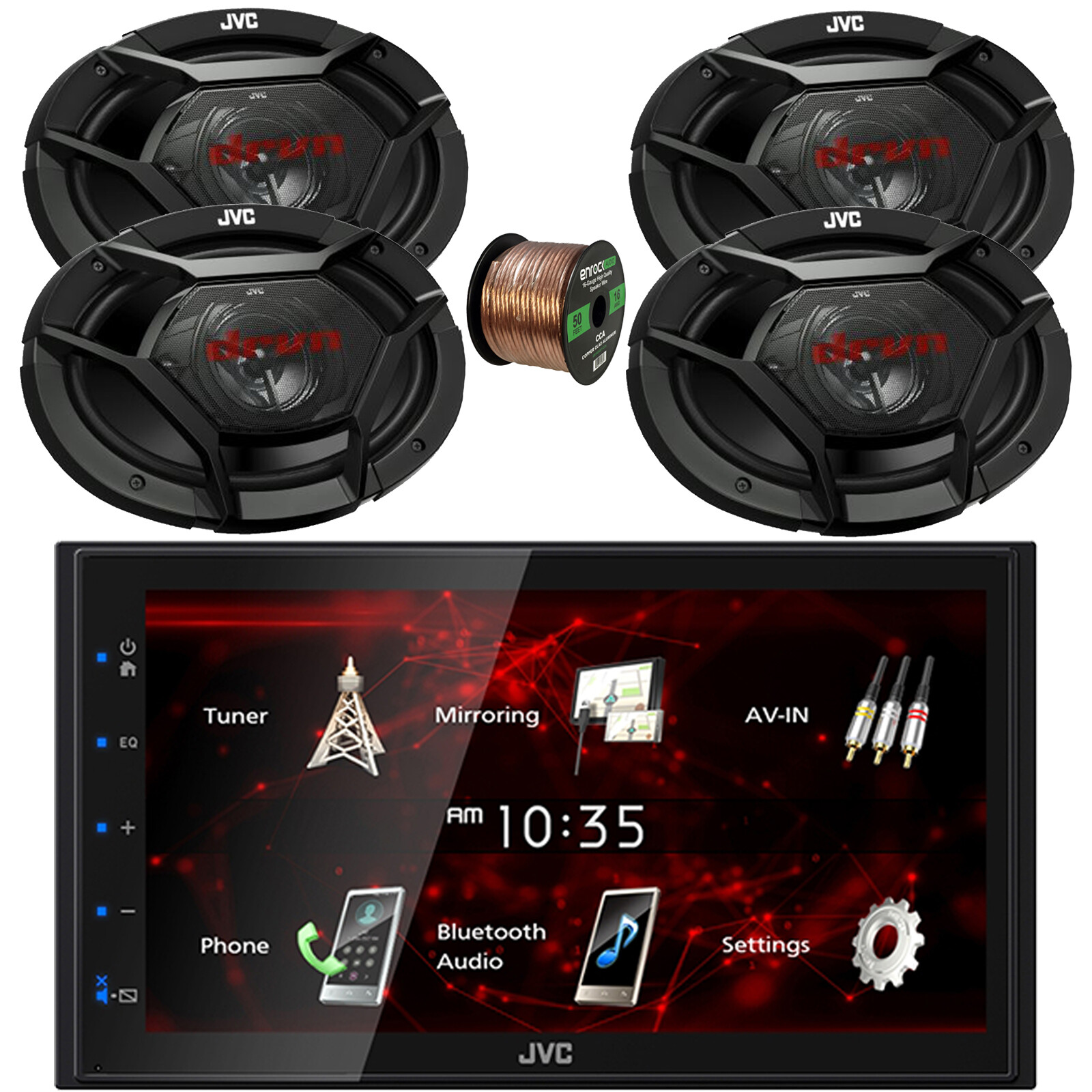 JVC In-Dash 6.8″ Touchscreen Bluetooth Car Receiver, 4x 6×9″ 500W Speaker, Wire