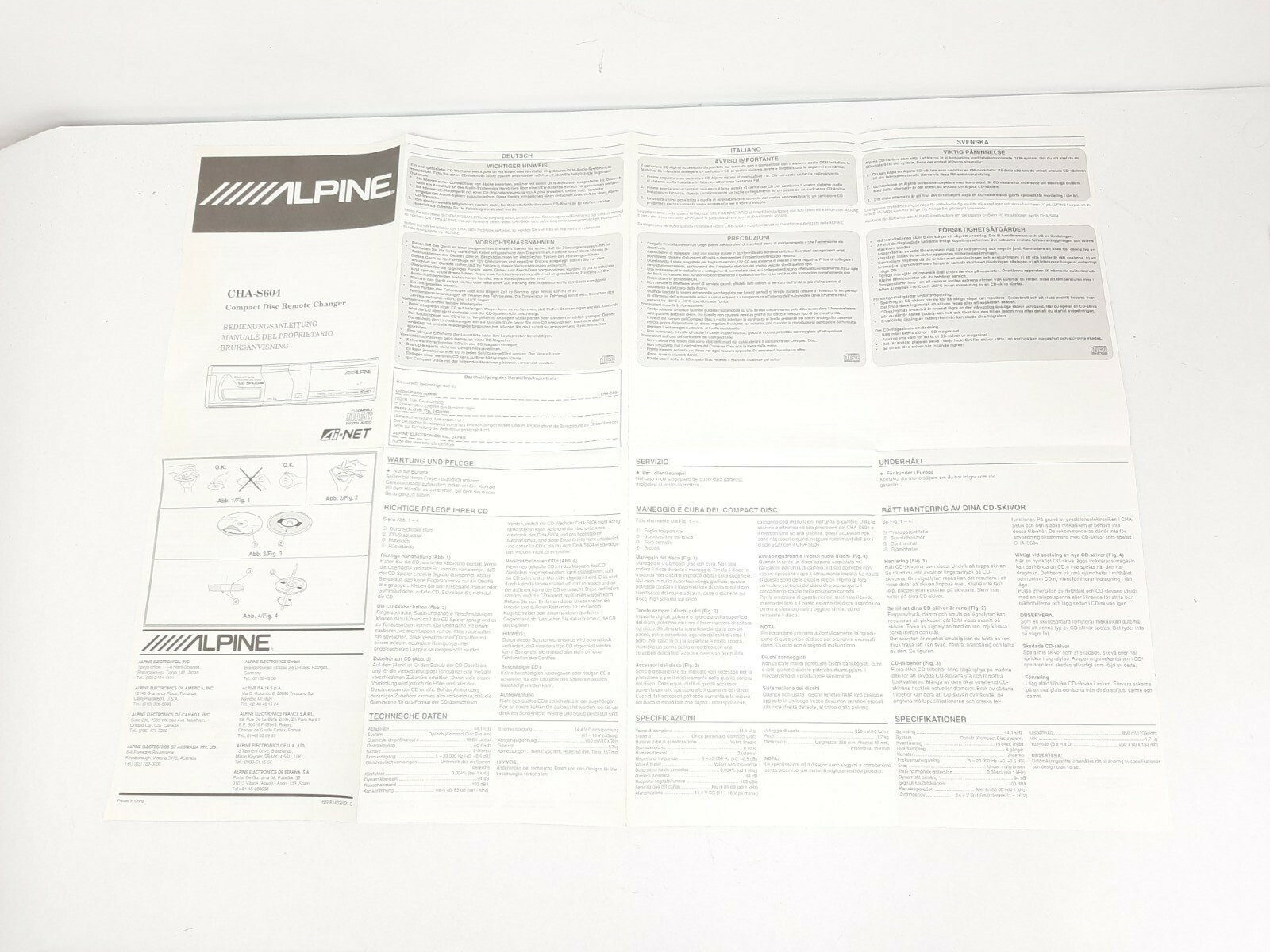 Alpine CHA-S604 ORIGINAL Owners Manual ONLY German Italian Norwegian Text EX CON