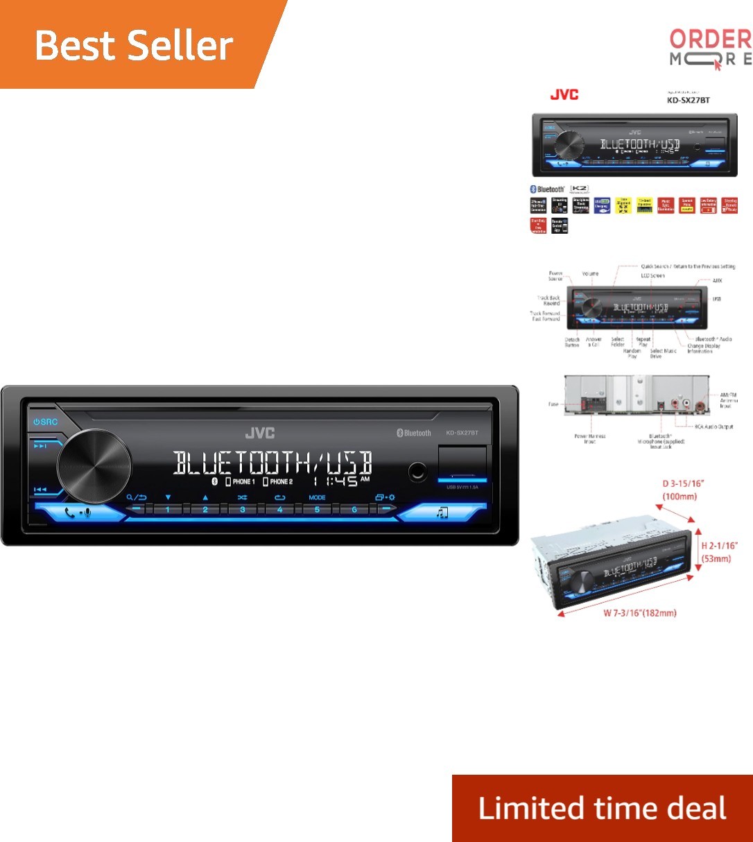 Car Stereo Bluetooth 100W USB Aux-in FM AM Single DIN Receiver Remote