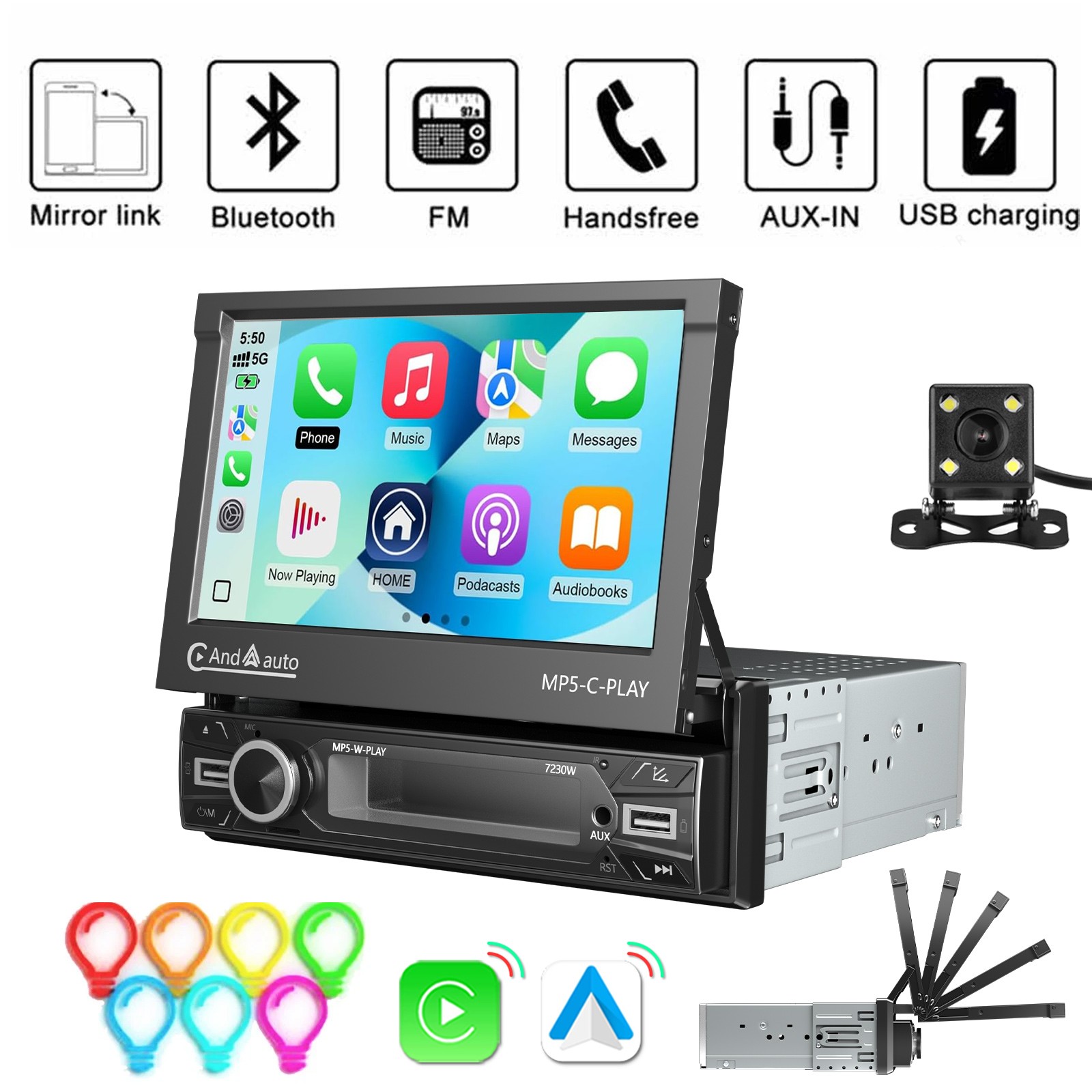 7″ Single 1Din Touch Screen Stereo Bluetooth Radio Car Apple/Android Carplay FM