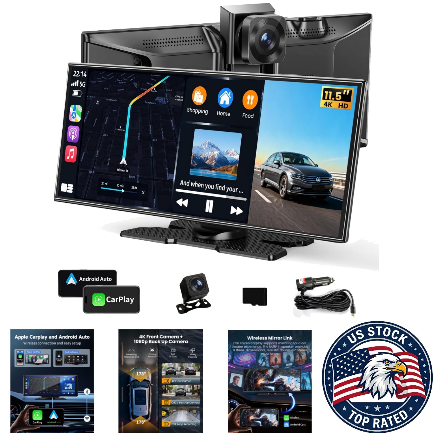 Portable 11.5” Wireless CarPlay Screen with GPS, Mirror Link & Siri Control
