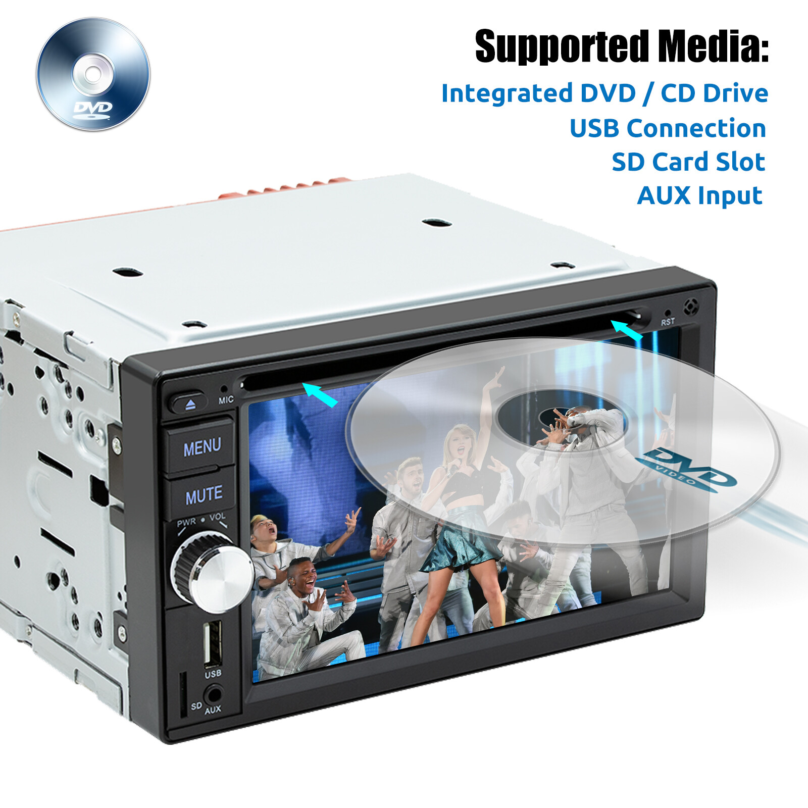 Double Din Carplay/Android Auto CD/DVD Player Car Stereo FM/AM AUX Bluetooth