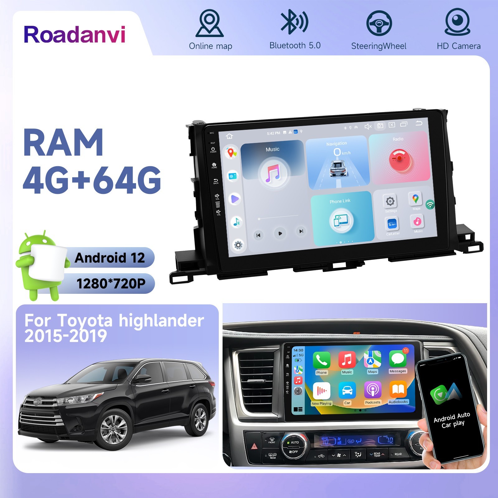 Roadanvi X12 Headunit for Toyota Highlander 2015-2019 Radio 10.2″ Touch Screen