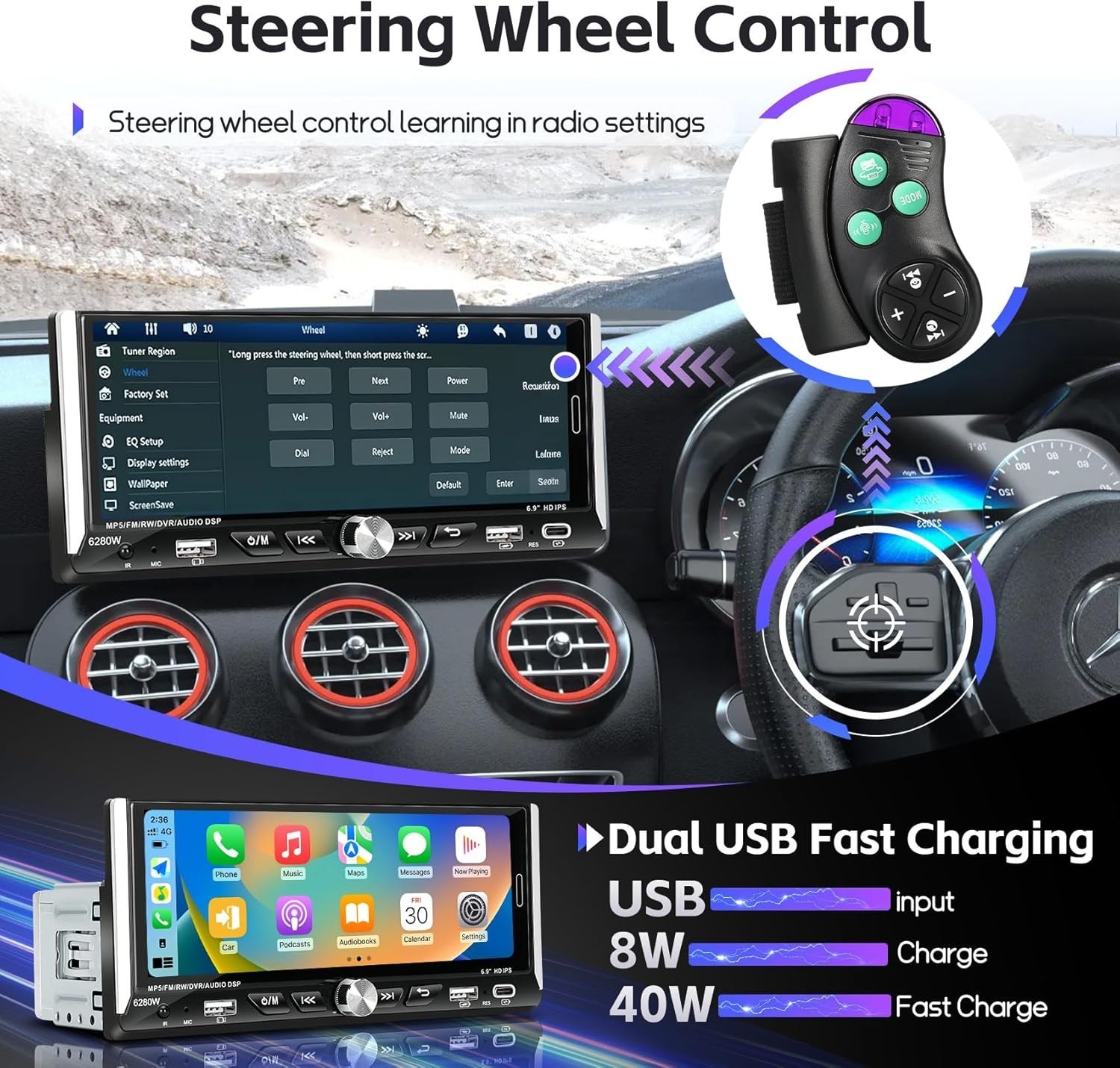 Power Acoustic Single DIN 6.9″ Touchscreen Car Stereo Apple Carplay