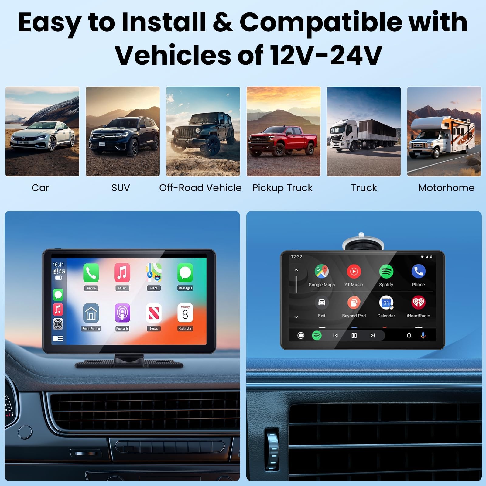 Wireless Portable Carplay Screen with 4K Dash Cam, 9″ HD Touch C