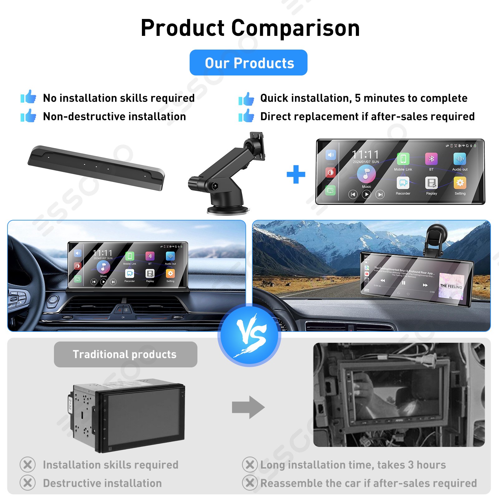 11.3″ Inch Car Portable IPS Touch Screen Apple CarPlay Tablet Android Auto Radio