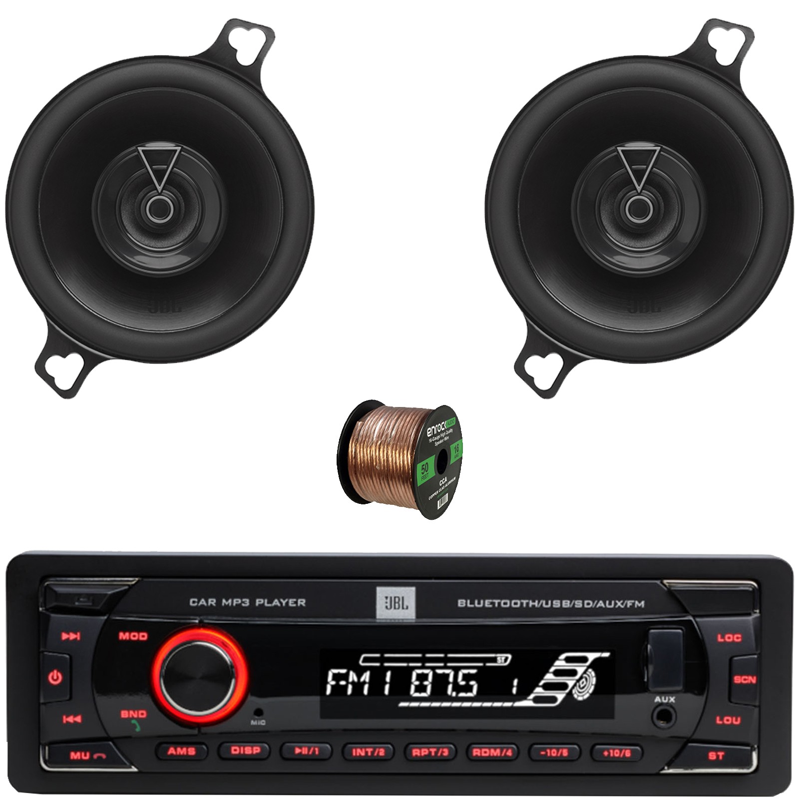 JBL 1-DIN Bluetooth FM SD/MP3 Receiver, 3.5″ 75W 2-Way Speakers (Pair)