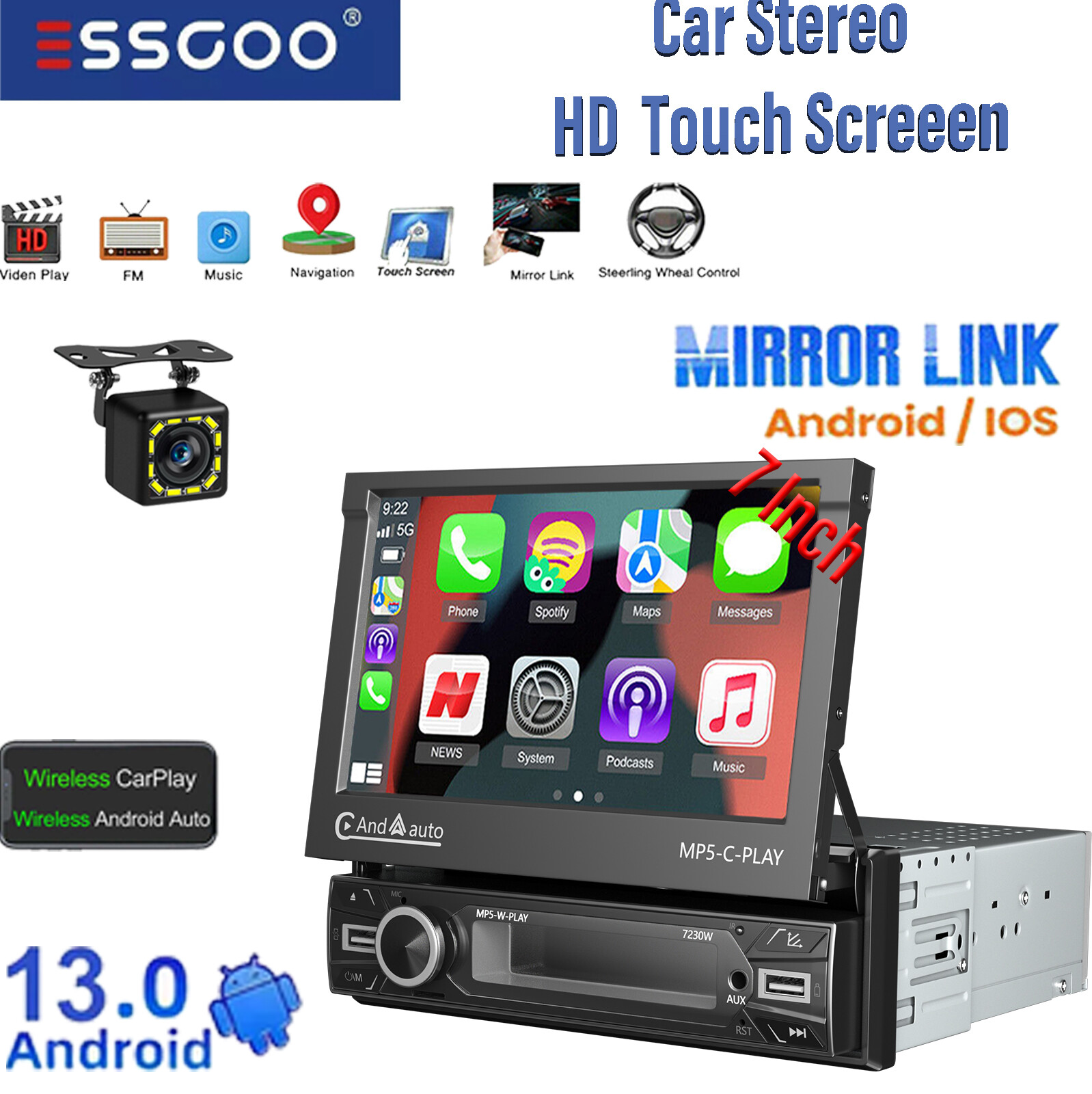 7” Car Stereo Single 1 Din Radio Carplay Flip Out Touch Screen Automatic FM+Cam