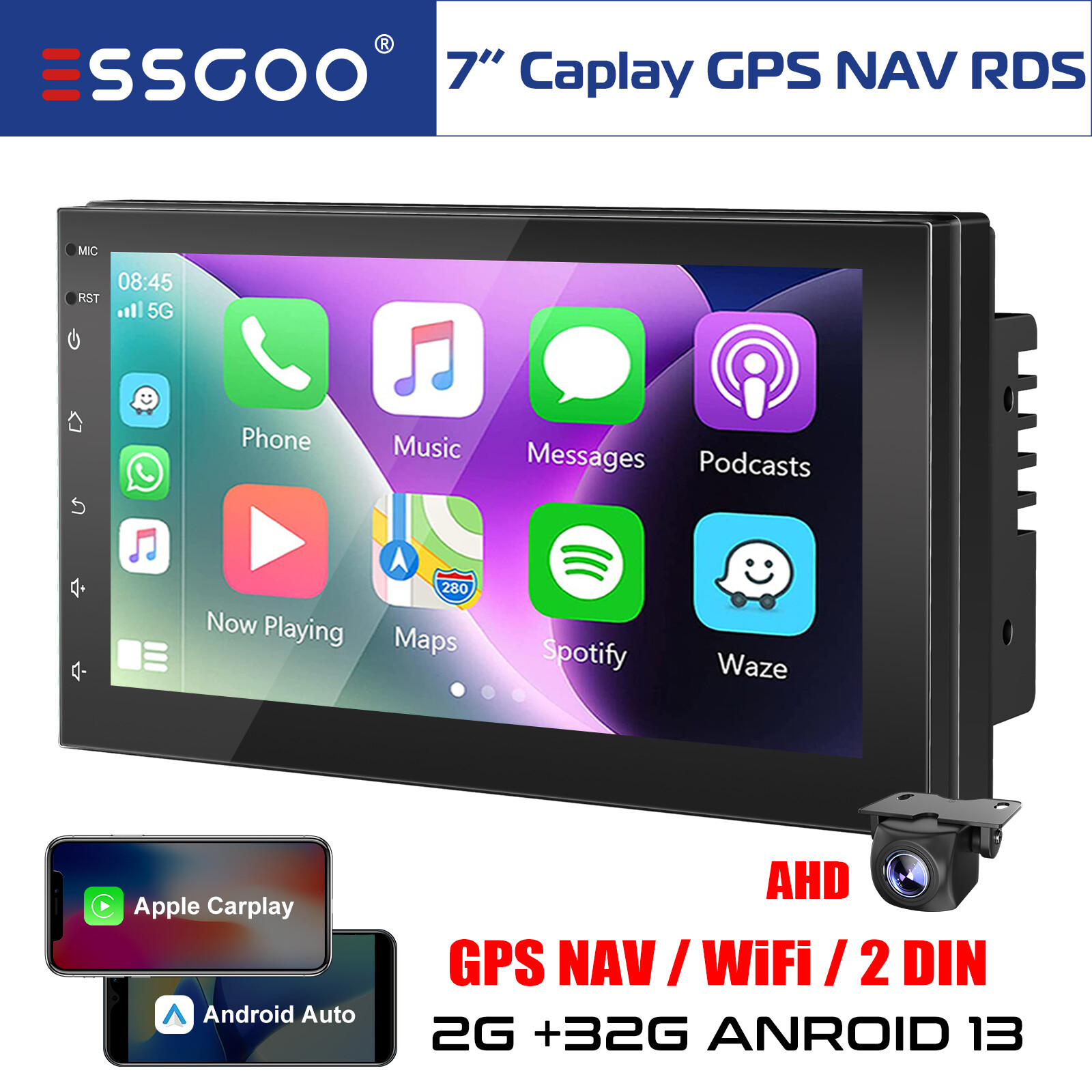 7″ 2DIN Android 13 2+32G Carplay Stereo Radio GPS NAVIGATOIN Touch Screen Camera