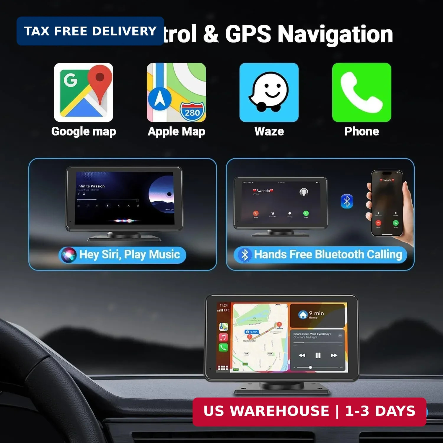 Carplay Wireless Portable Touchscreen Car Stereo Bluetooth Voice Control 7″ for