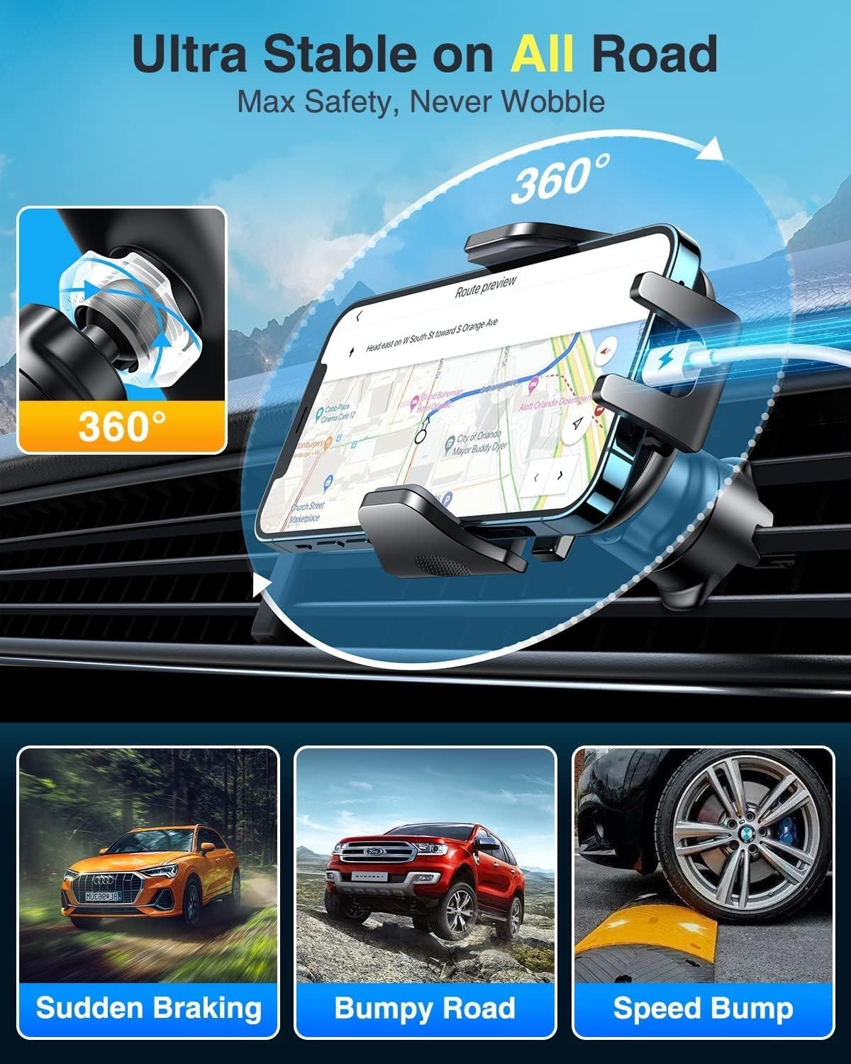 Car Phone Holder Military Grade Suction and Clip Adjustable Mount for Dashboard
