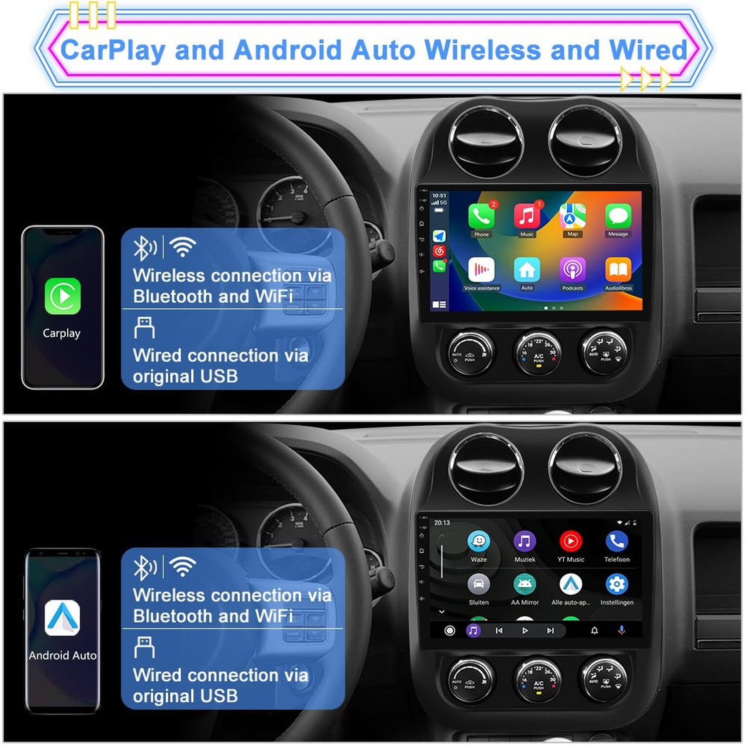 Car Radio for Jeep Compass Patriot 2010–2016, 10.1″ Touchscreen Android 13