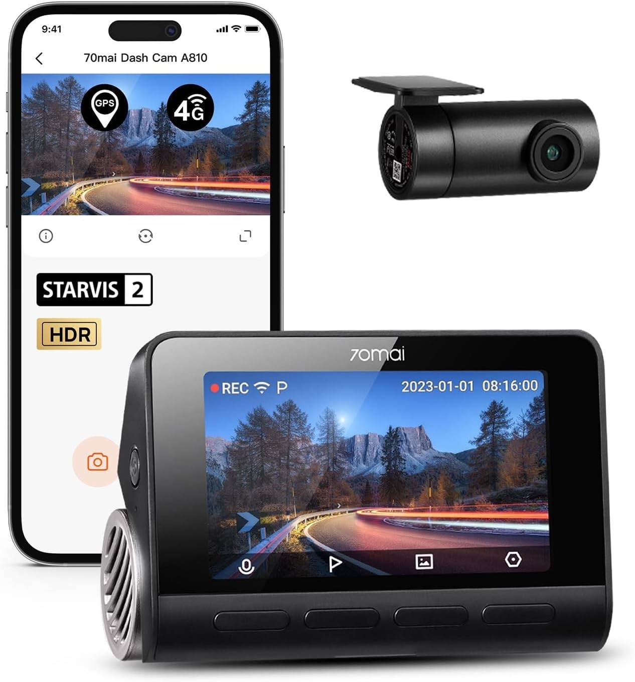 70mai A810 4K Dual Dash Cam Front/Rear, Starvis 2 HDR Night Vision, GPS, WiFi