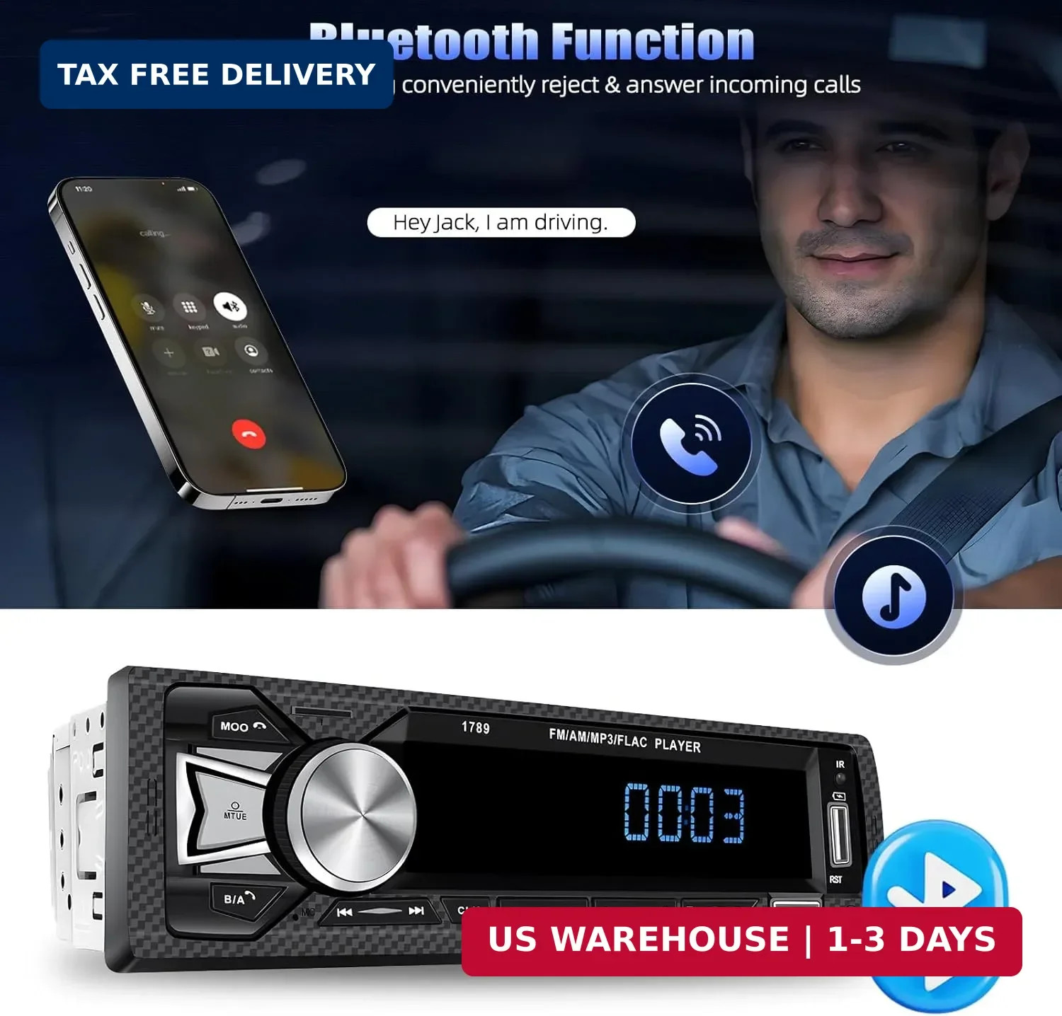 Single Din Car Stereo Bluetooth Hands Free Calling Car Audio Receivers with Digi