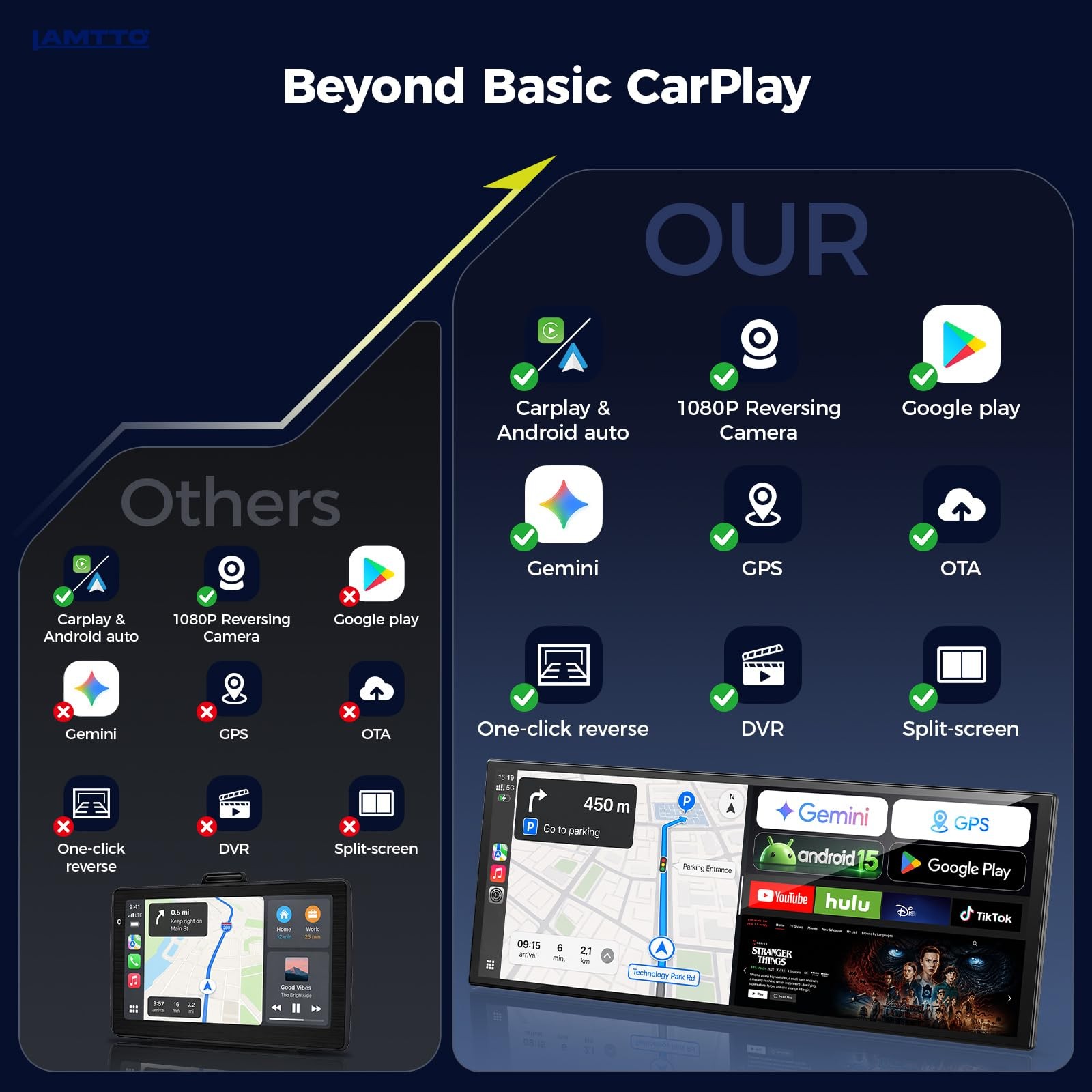 11″ Wireless CarPlay Android Auto GPS Car Stereo Screen 1080P DVR
