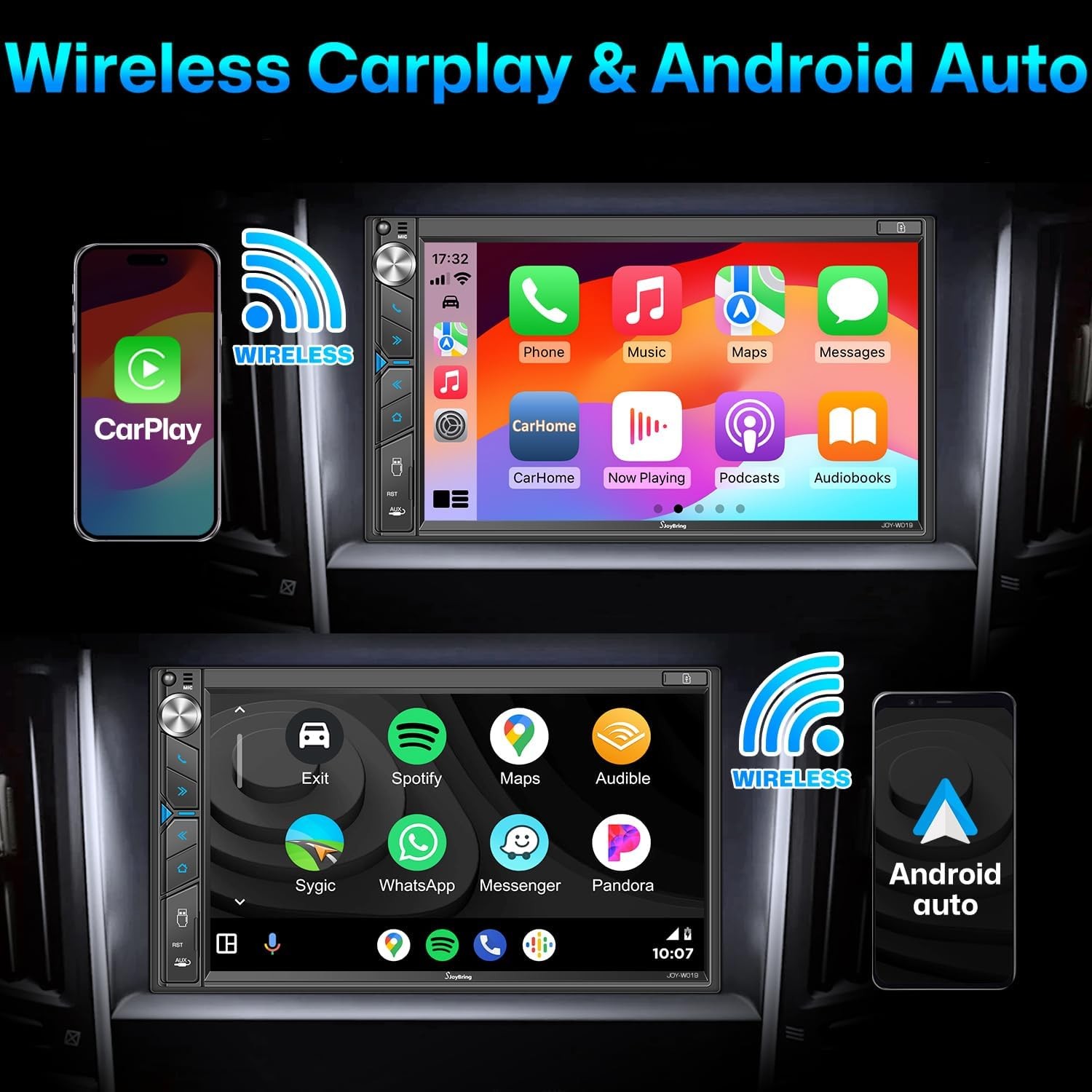 Double Din Car Stereo, Dash & Reverse Cam Compatible w/ Carplay Android JOY-W019