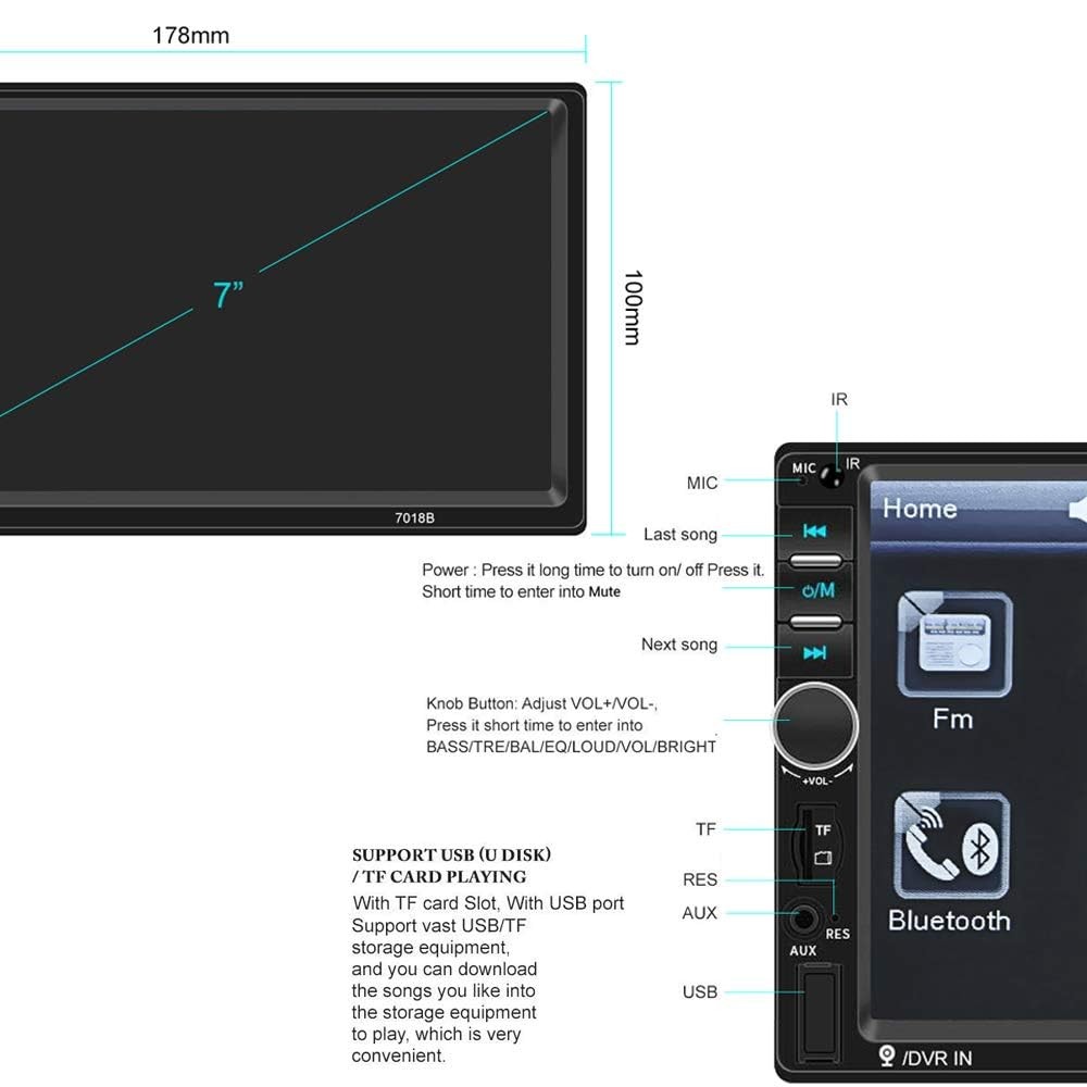 Camecho Car Radio Double Din Stereo 7″ LCD Touch 7 inch, MP5 Player