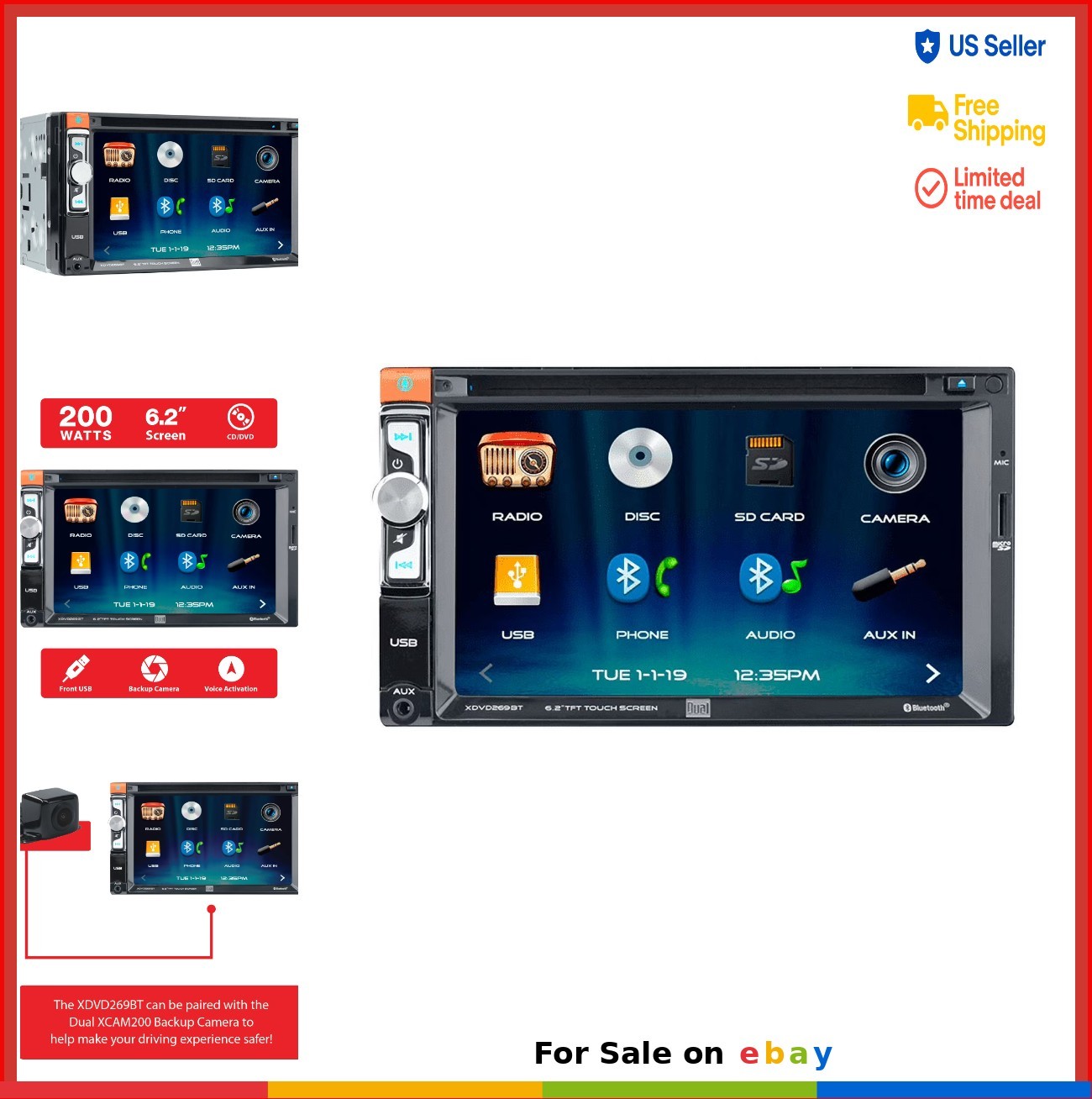 Car Stereo 6.2 Inch Double DIN Touch Screen Bluetooth CD DVD Receiver USB