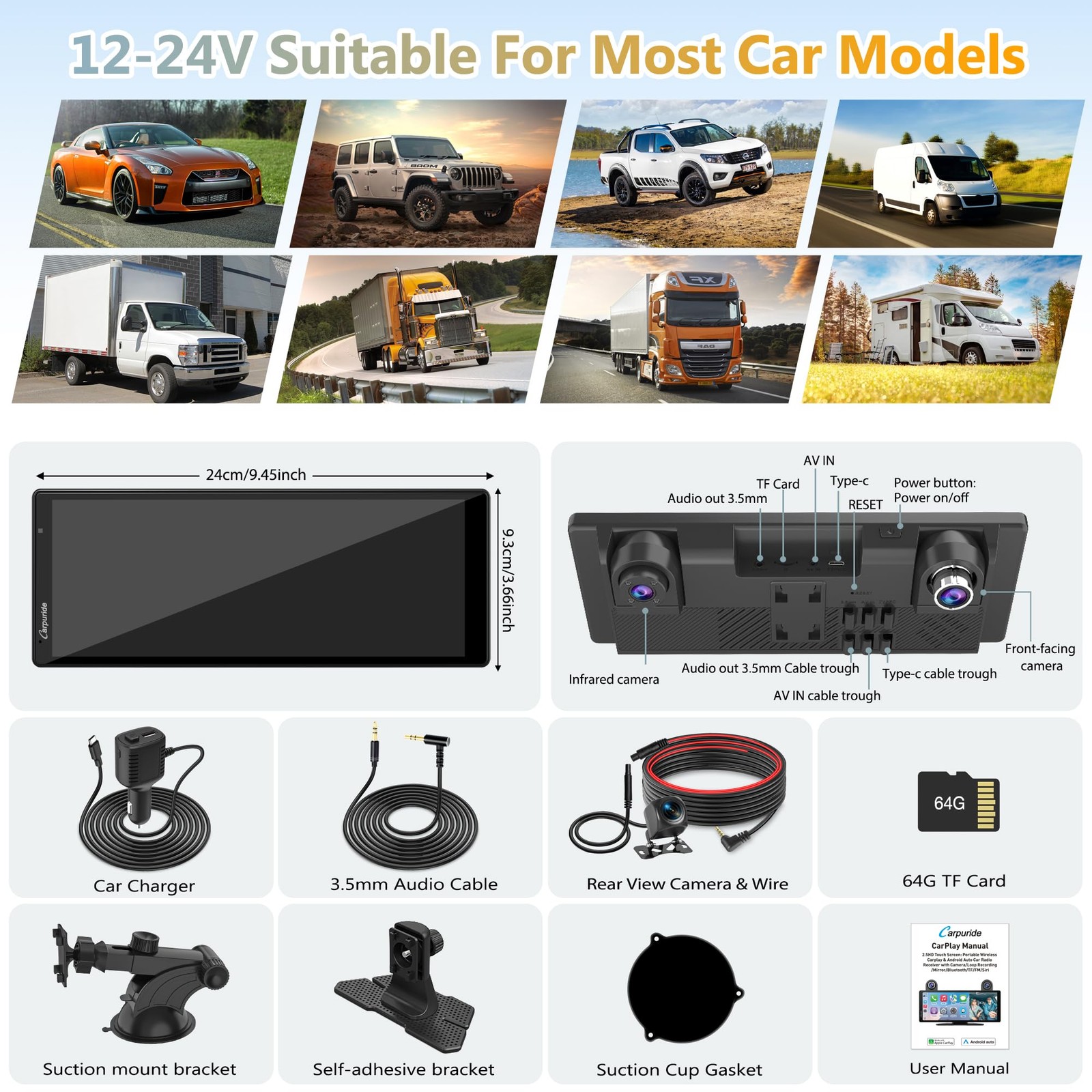 Carpuride W903S Carplay Android Auto 4K Front Cam 1080P Rear Cam Infrared Camera