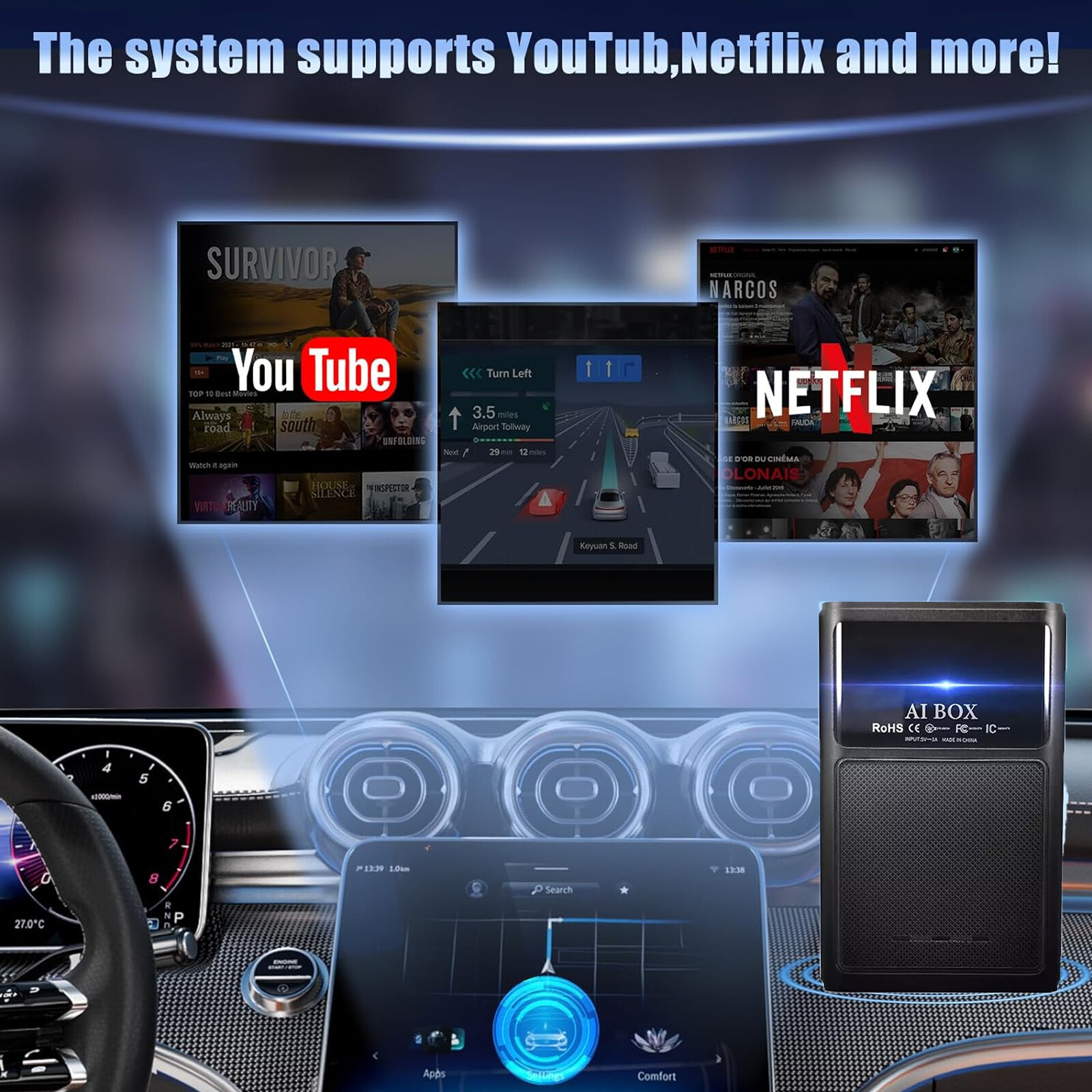 8 Core 4+64GB Wireless Carplay AI BOX Android Auto Adapter WiFi Youtube Netflix