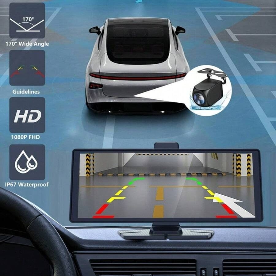 10.26″ Wireless CarPlay Touchscreen with 2.5K+1080P Dash Cam & 64GB Card