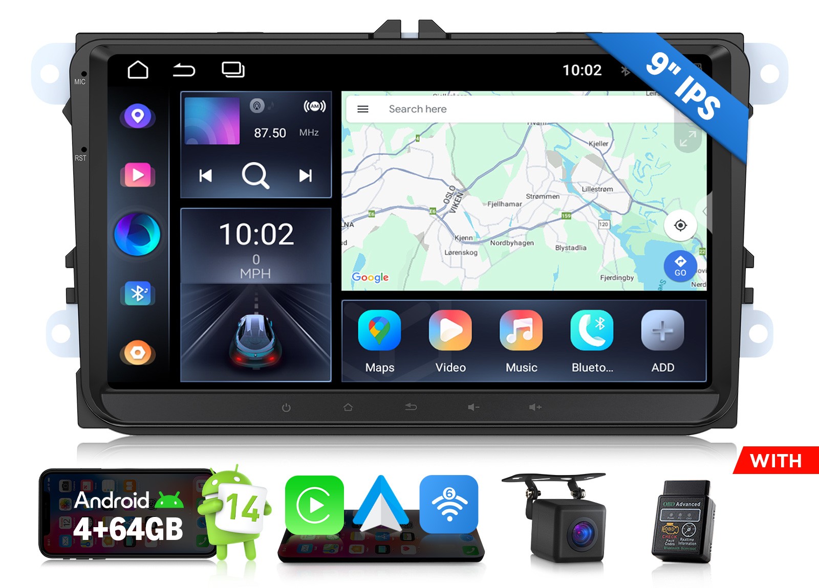 9″ Android 14 Car Stereo for VW Golf Jetta Passat Wireless CarPlay GPS DSP Radio