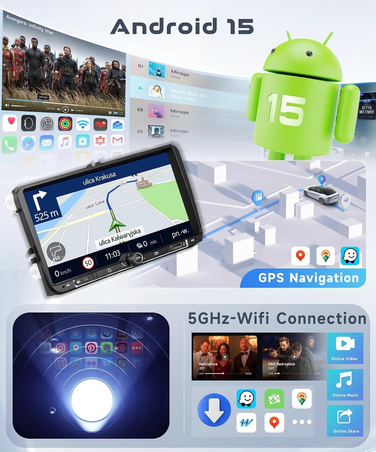 VW Passat Jetta Tiguan Golf Android 15 Car Stereo 4+64G 9″ CarPlay GPS Head Unit