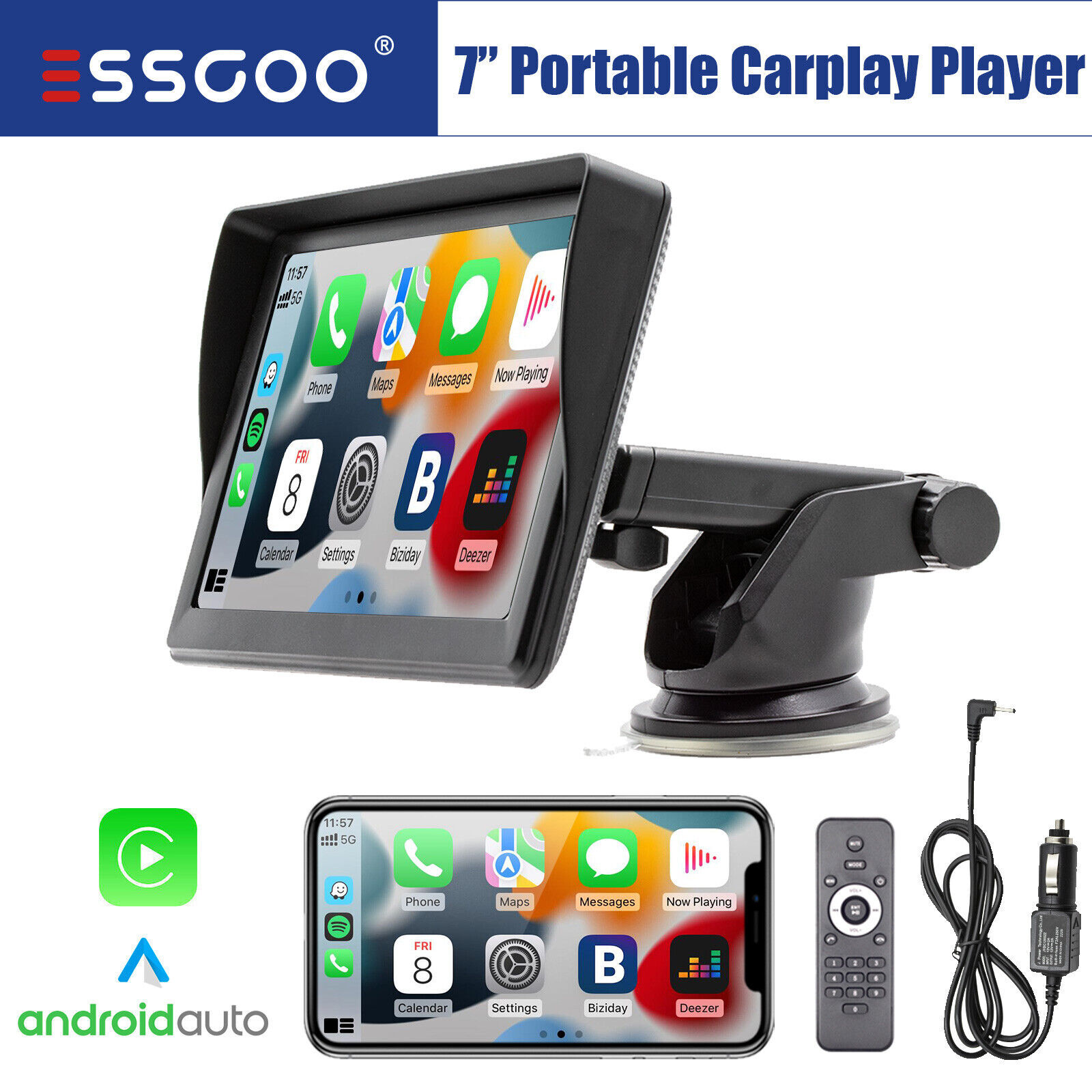 7″ Portable Wireless Apple Carplay/Android Auto Car GPS Navigation Stereo BT FM