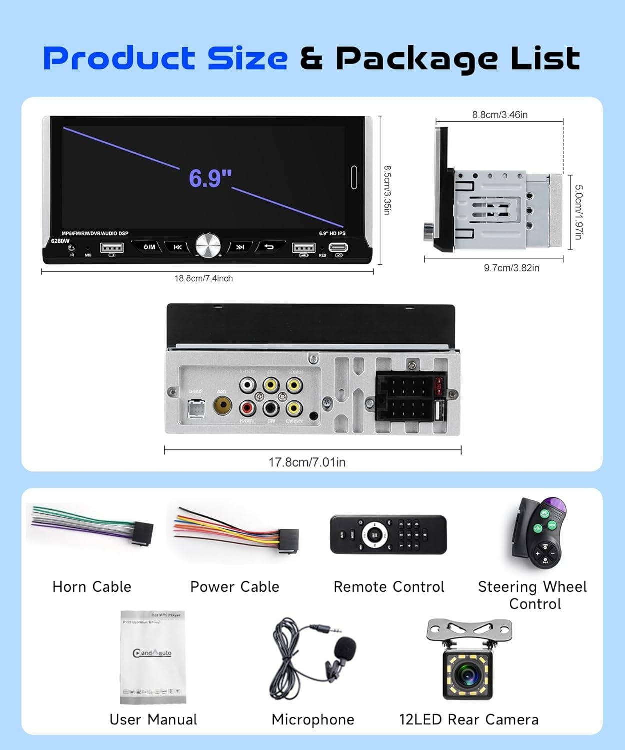 6.9-inch Single Din Car Stereo Wireless Carplay,1280X480P IPS Touch Screen Ca…