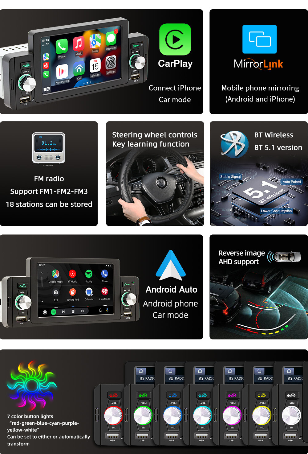 5″ Car Stereo Radio Single 1 Din MP5 Player Audio USB Bluetooth Mirror Link